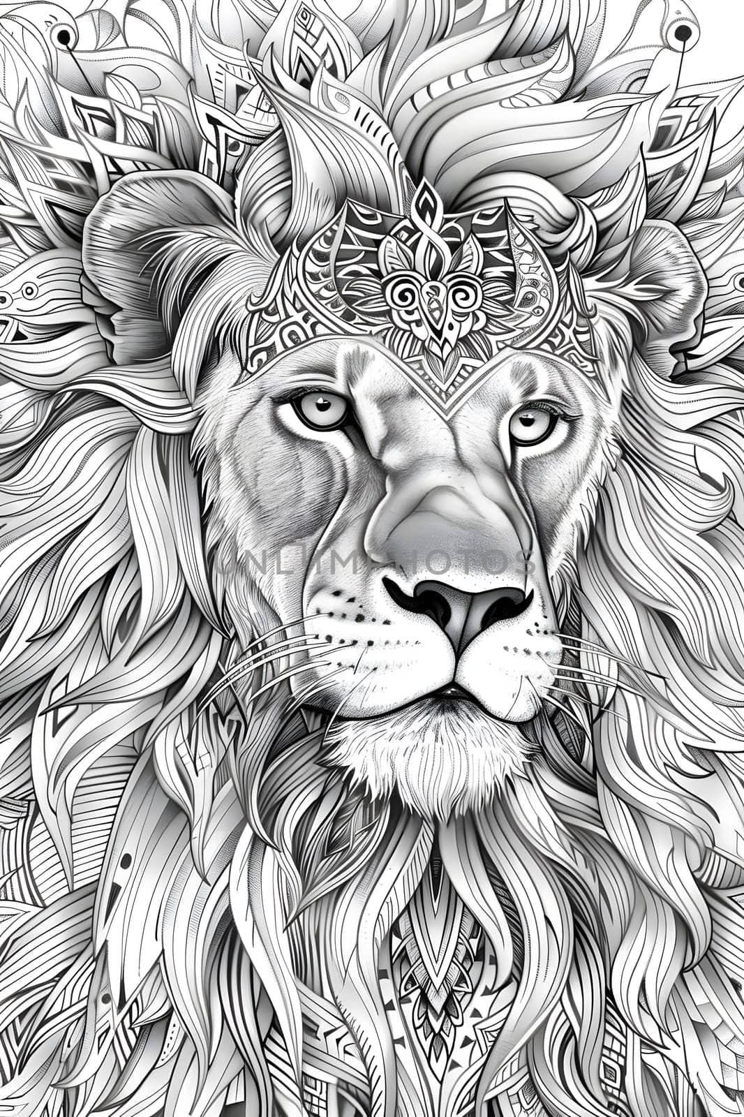 A grayscale drawing of a Felidae Carnivore, the Masai lion, with a crown on its head. This art style captures the majesty of big cats in a unique font painting