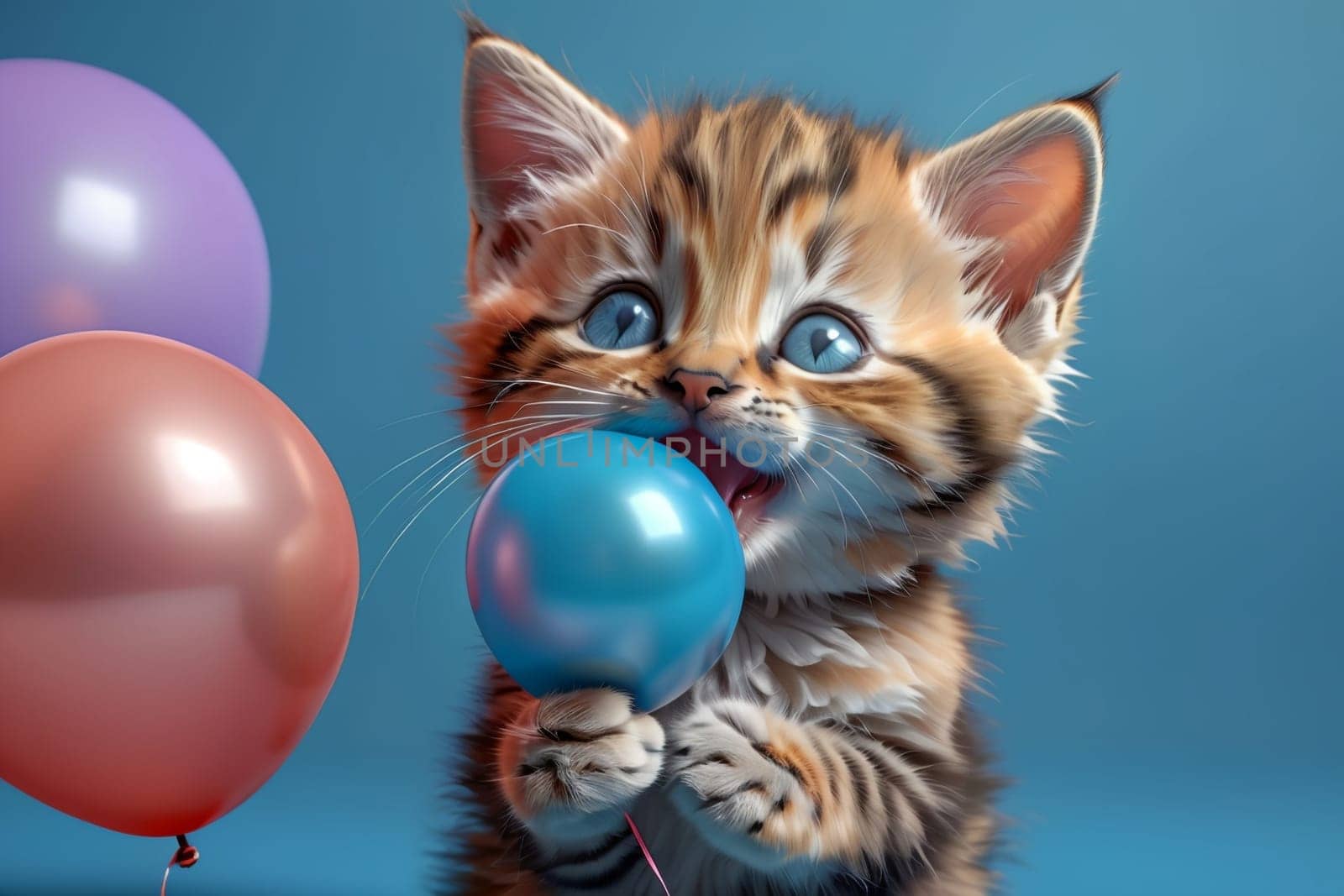 cute kitten with colorful balloons, isolated on blue background .