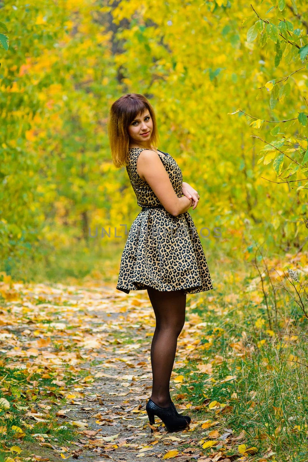 girl in dress and heels posing in autumn in the woods