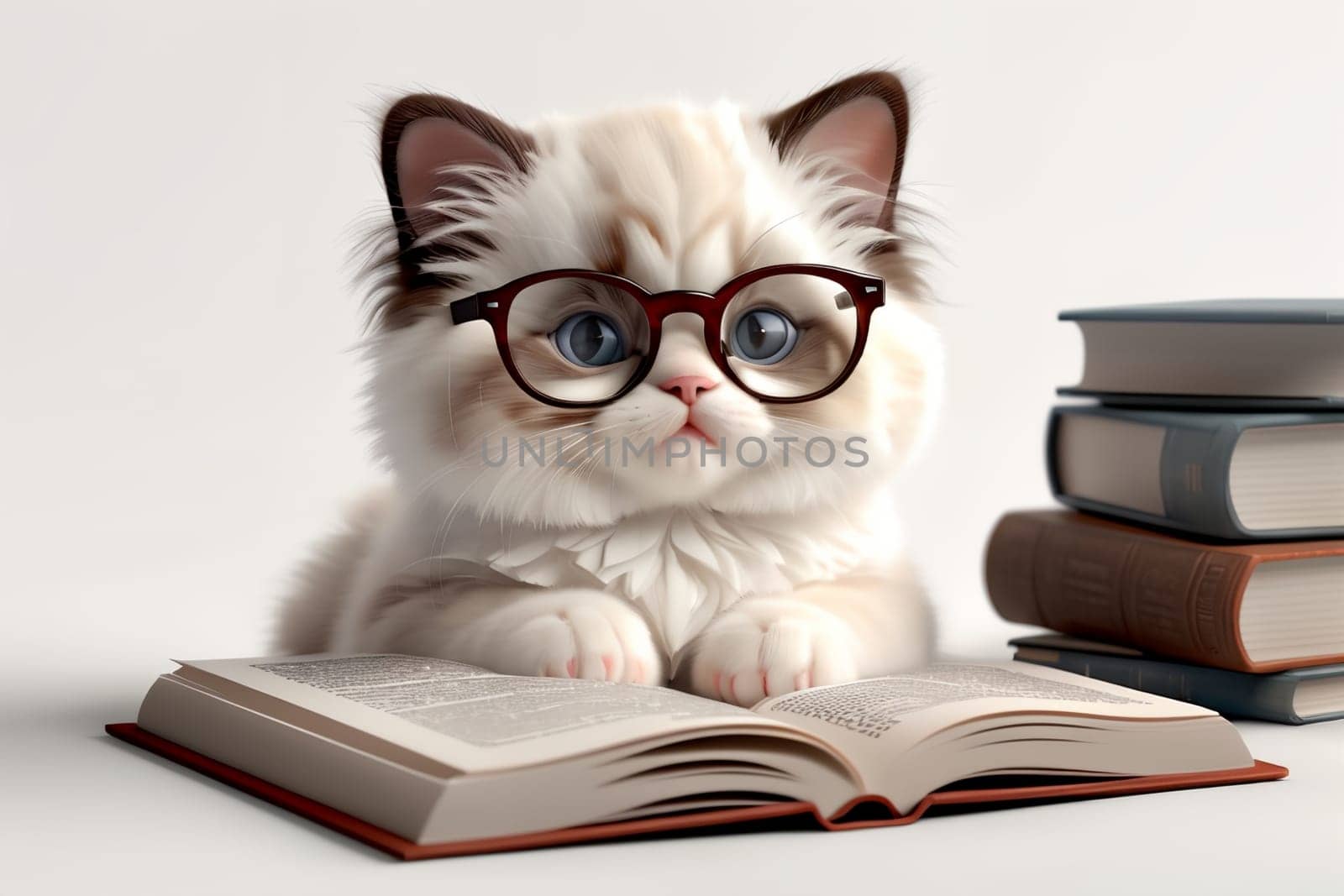 cute smart kitten wearing glasses reading a book, isolated on a white background by Rawlik