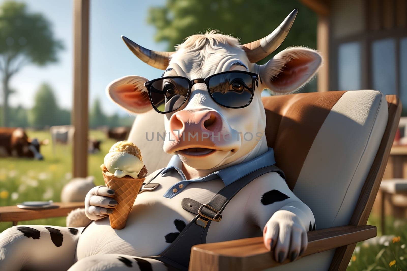 Cute cow in sunglasses eating milk ice cream, farm, countryside .