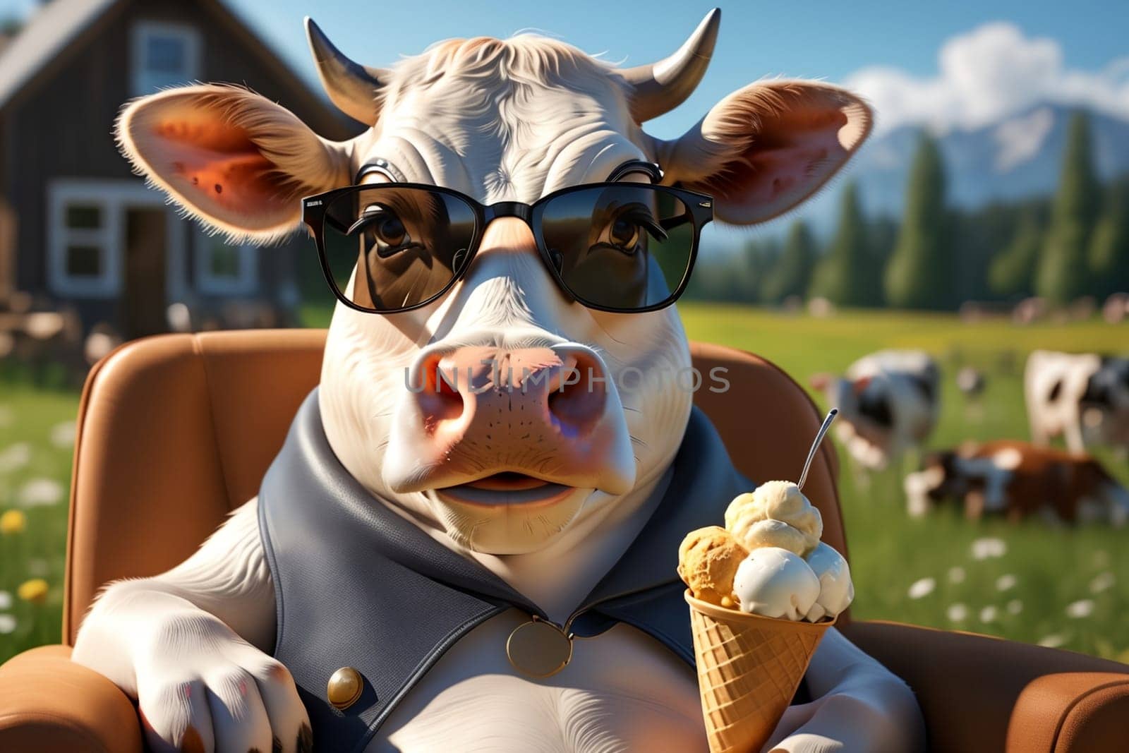 Cute cow in sunglasses eating milk ice cream, farm, countryside by Rawlik