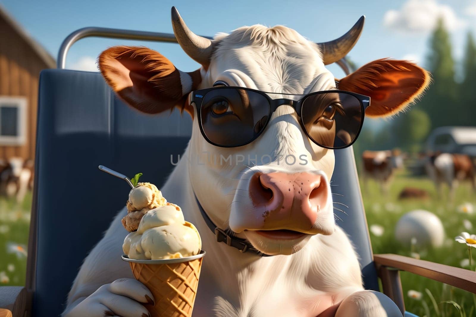 Cute cow in sunglasses eating milk ice cream, farm, countryside by Rawlik