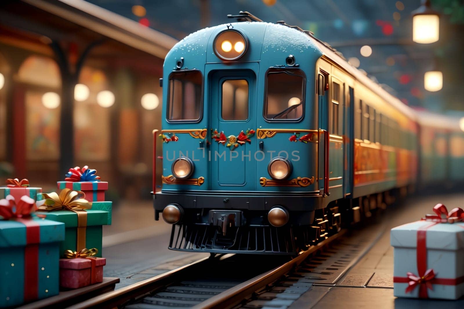 a bright colorful train travels with New Year's gifts .