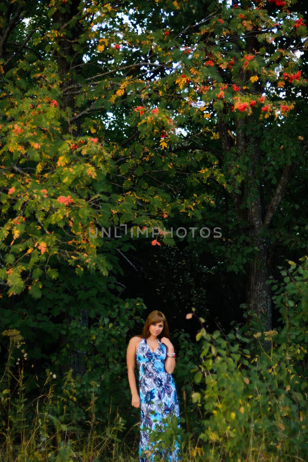 young Caucasian girl in blue dress posing in forest outdoors in summer