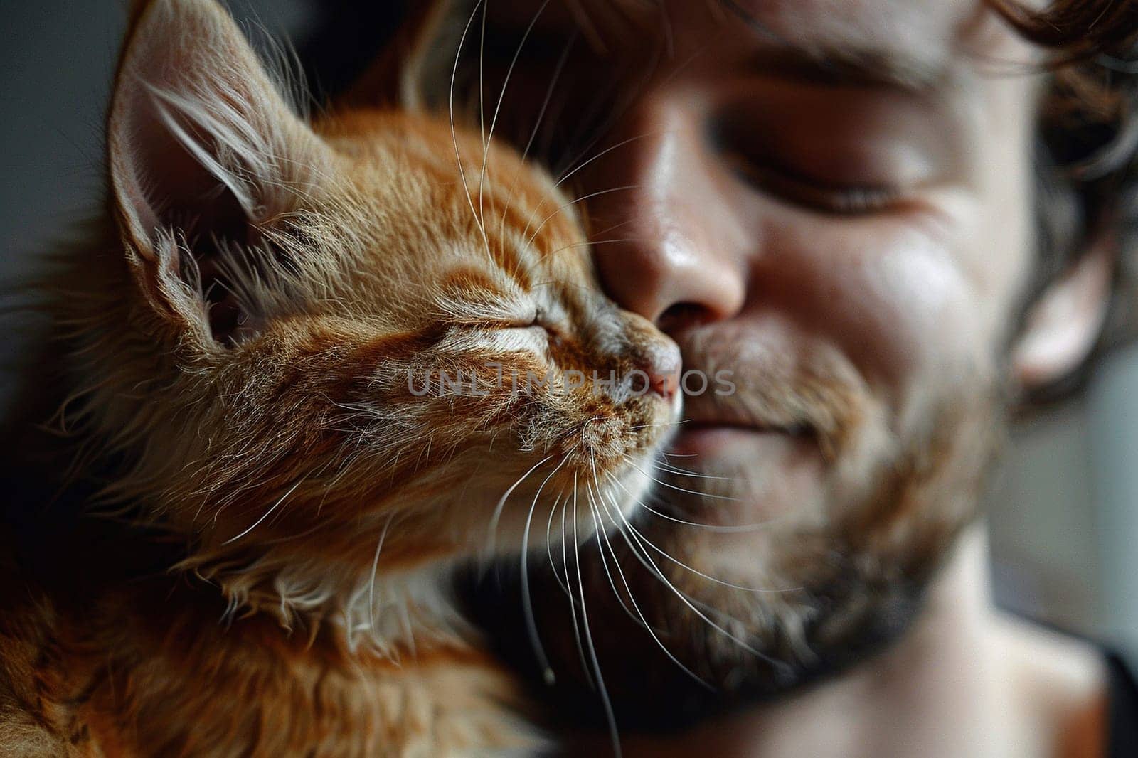 A ginger cat fawns over its male owner. Pet therapy.