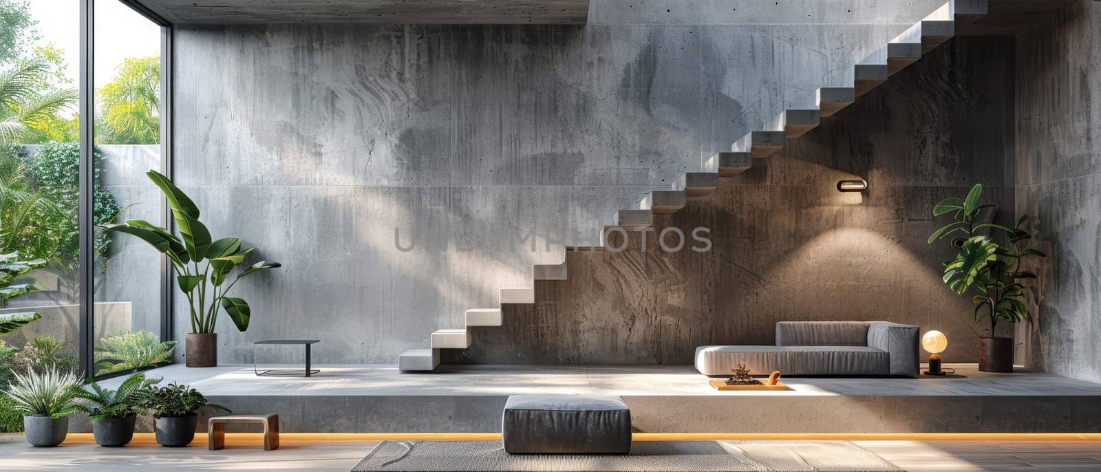 A modern home with a large staircase and a lot of greenery by AI generated image.