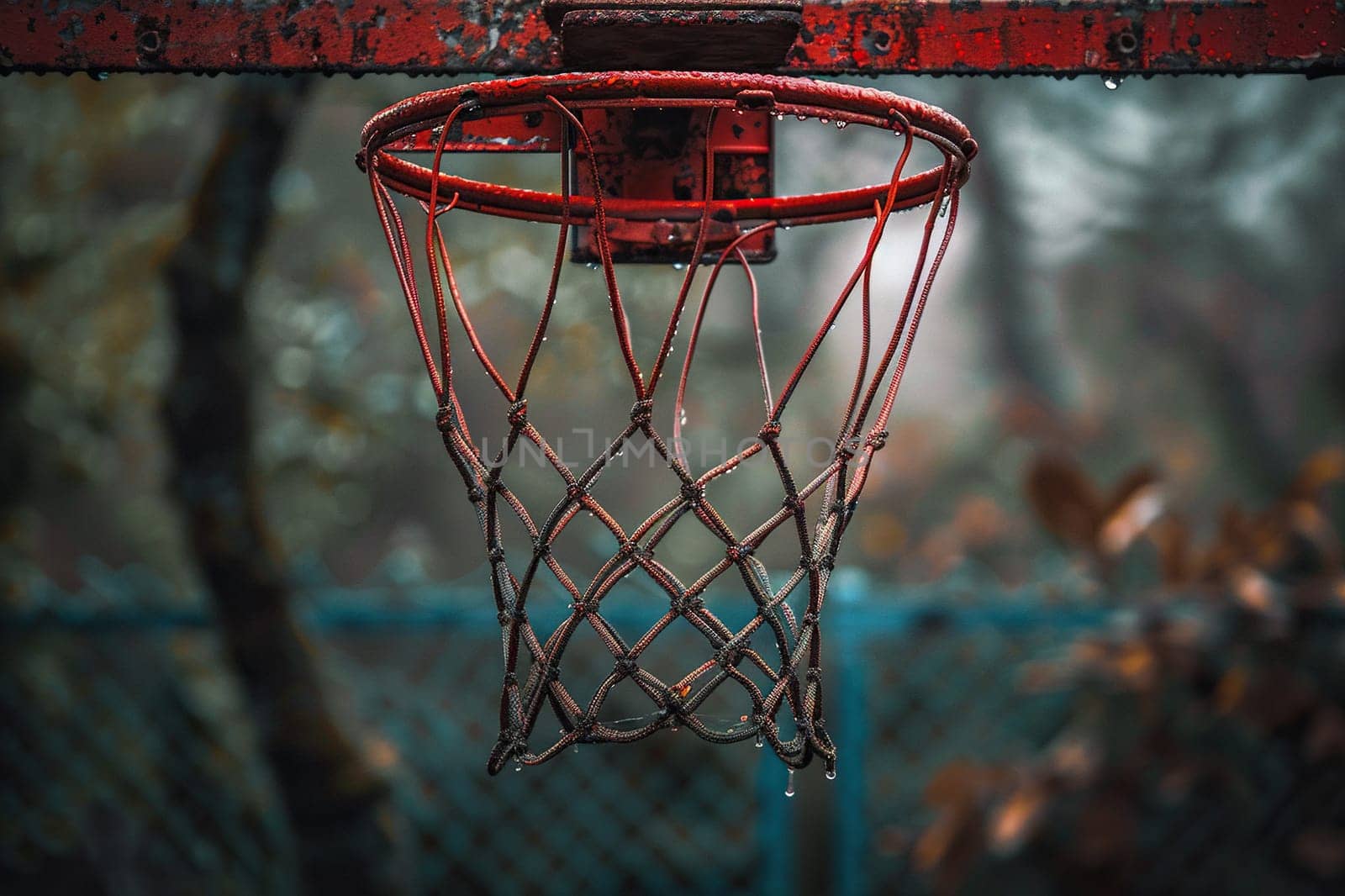 Close-up of a basketball hoop on a street court in autumn.
