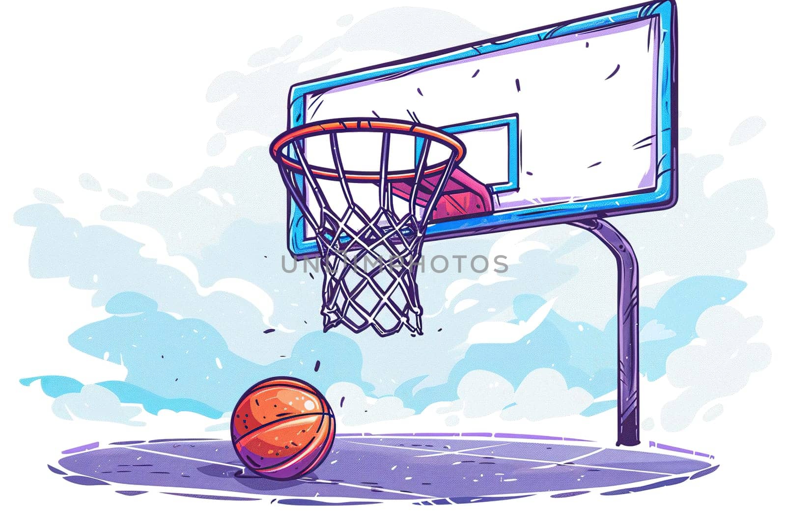 A basketball ball flies into the hoop, illustration in cartoon style. Hobbies and recreation. Generated by artificial intelligence by Vovmar