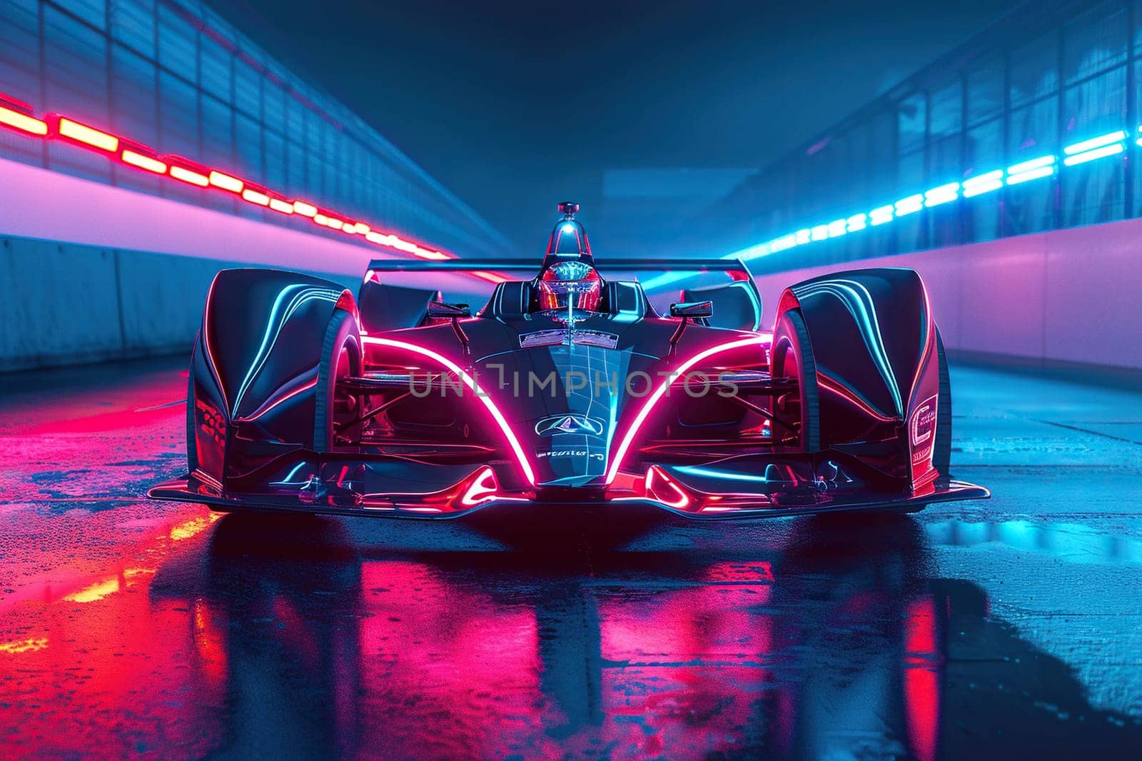 Racing car on the track in neon light with a motion effect. Concept of high speed, auto racing. Generated by artificial intelligence by Vovmar