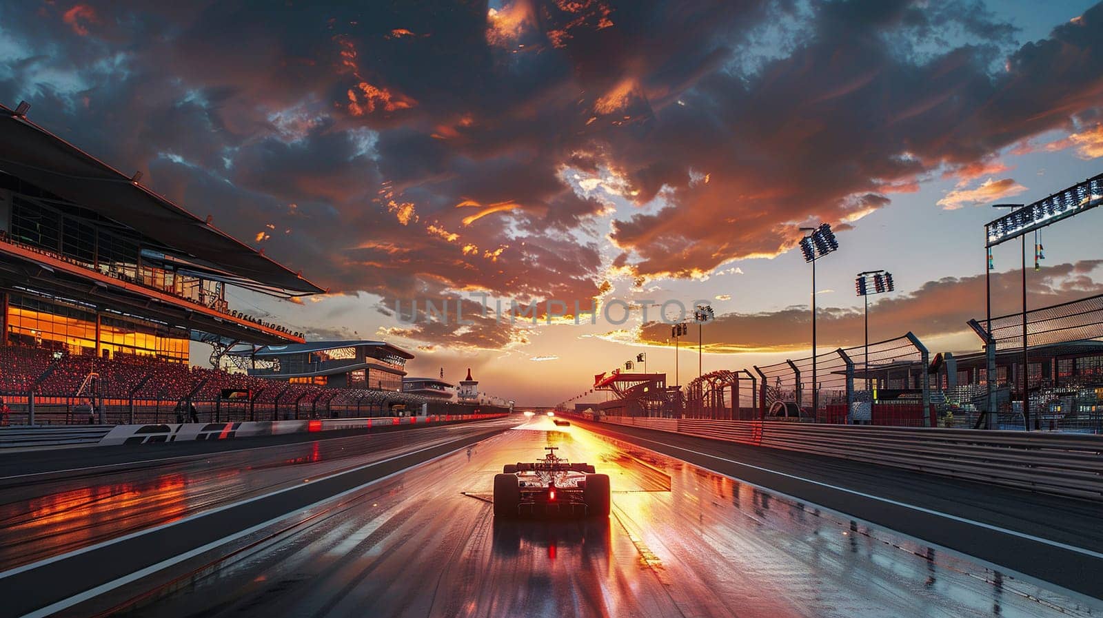 Silhouette of a racing car on a race track in the sunset light. Generated by artificial intelligence by Vovmar