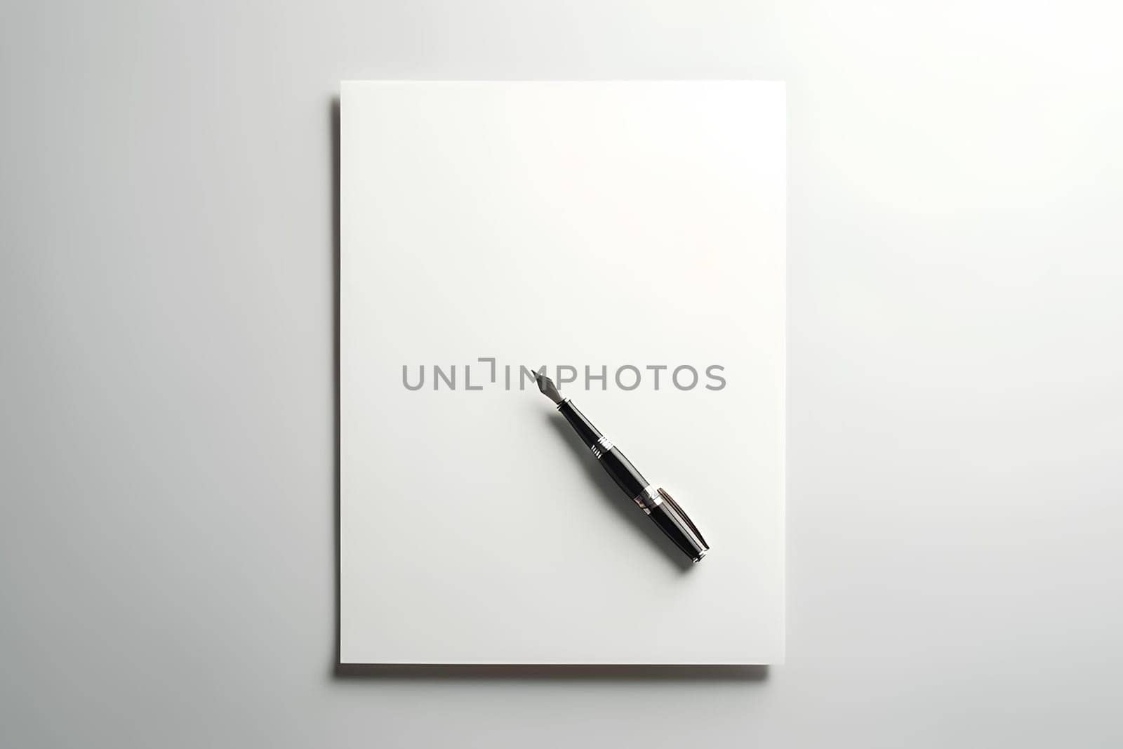 A blank white sheet of paper and a fountain pen lying on it on a light background, copy space.