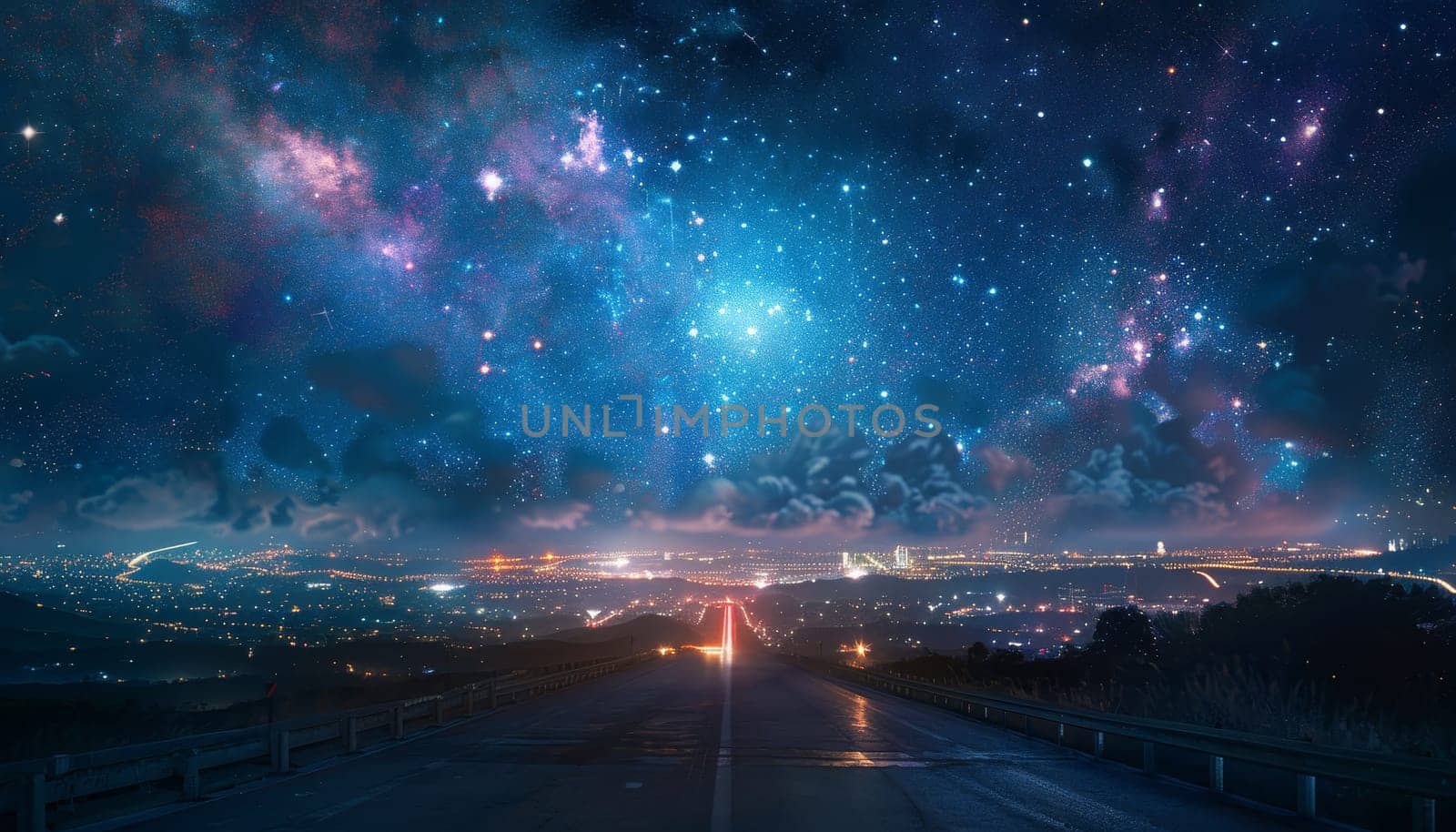 A city skyline is lit up at night, with a road in the foreground by AI generated image by wichayada