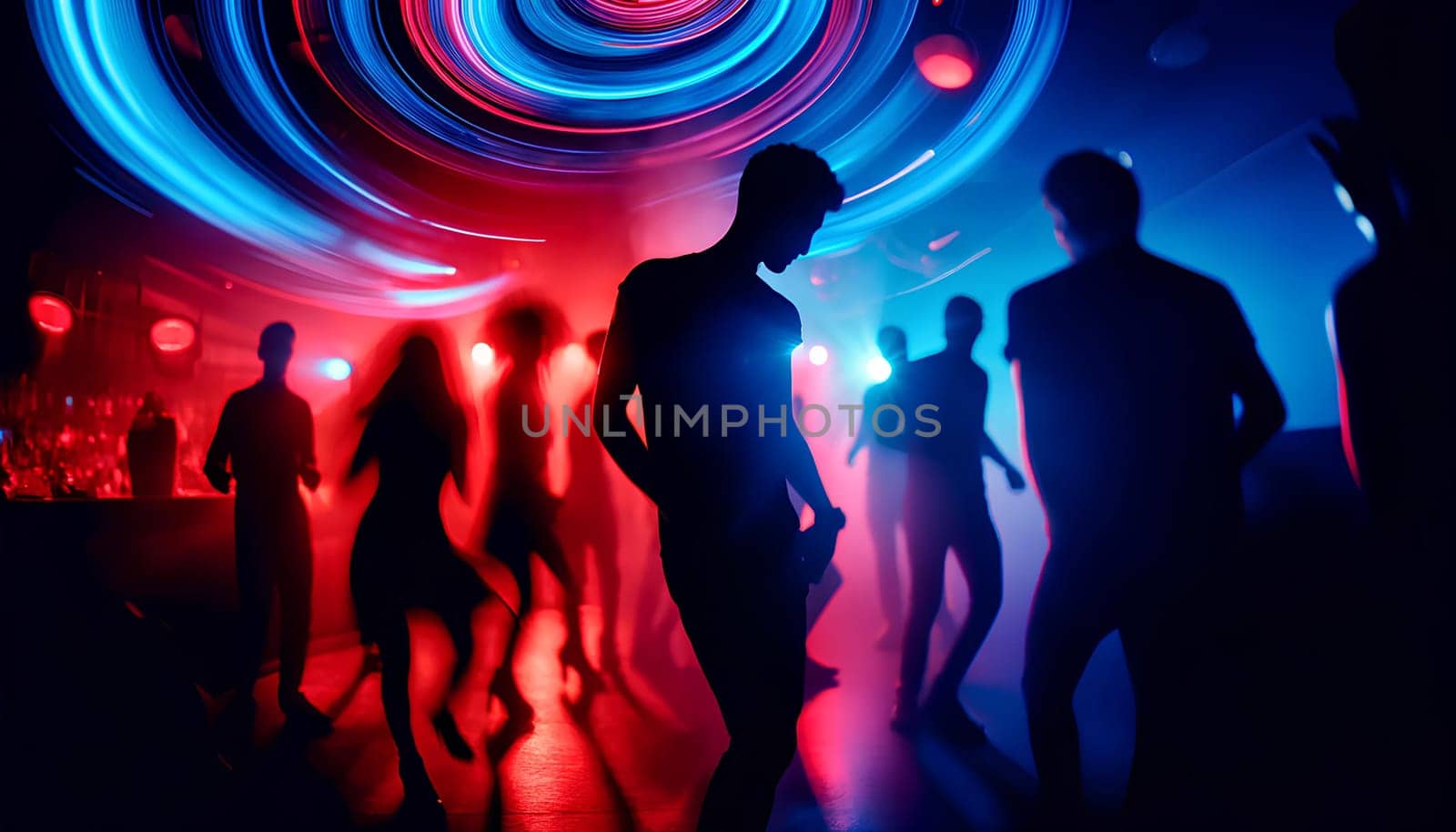 silhouettes of dancing people in a nightclub under bright blue and red abstract club lights by Annado