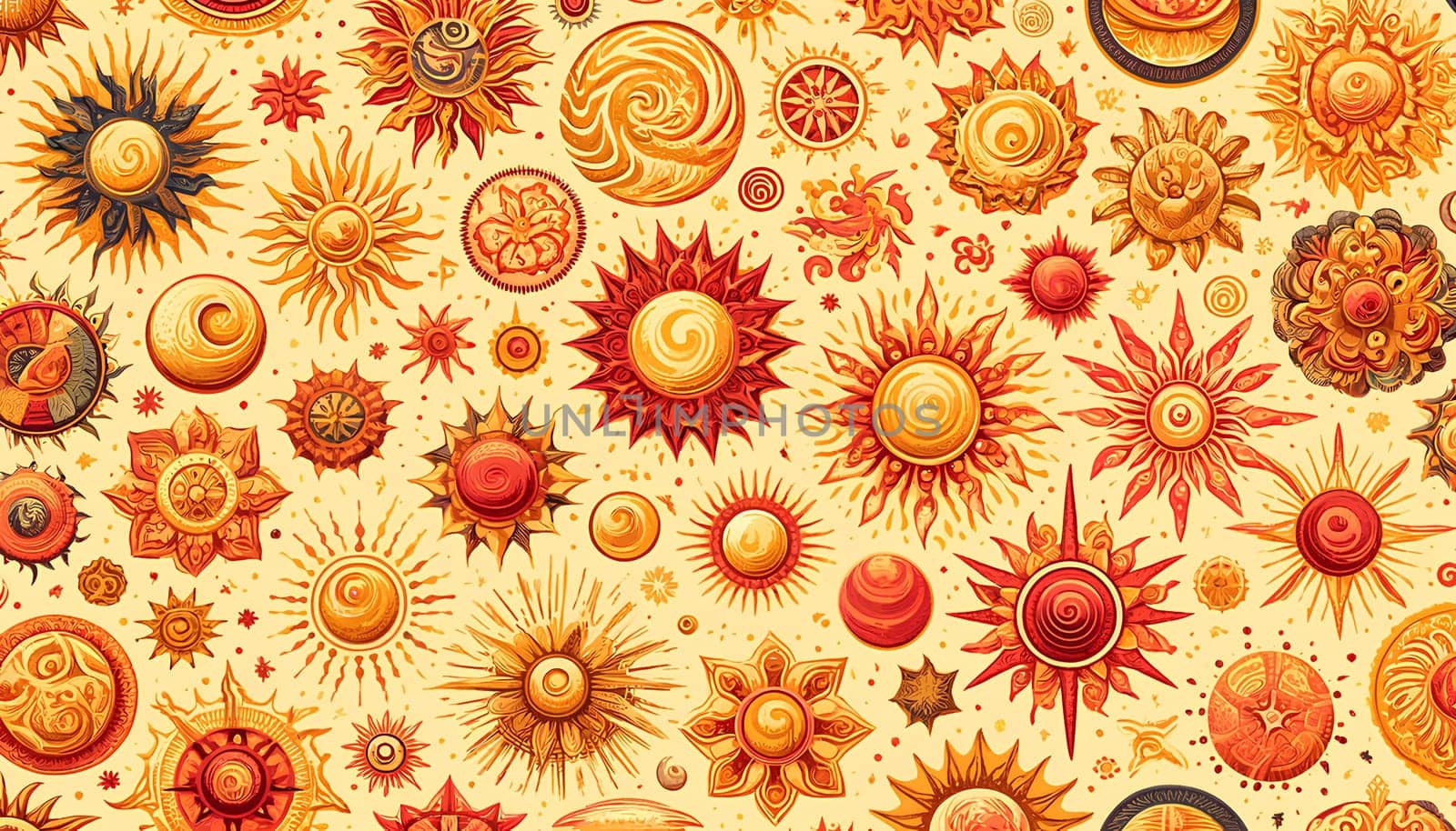 Horizontal pattern depicting suns with various designs on a light background by Annado