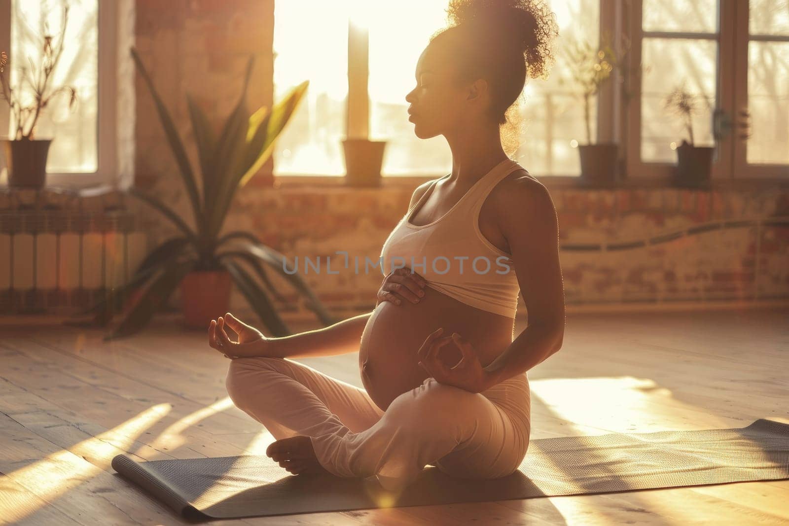 A radiant pregnant woman practices yoga poses in a sunlit studio