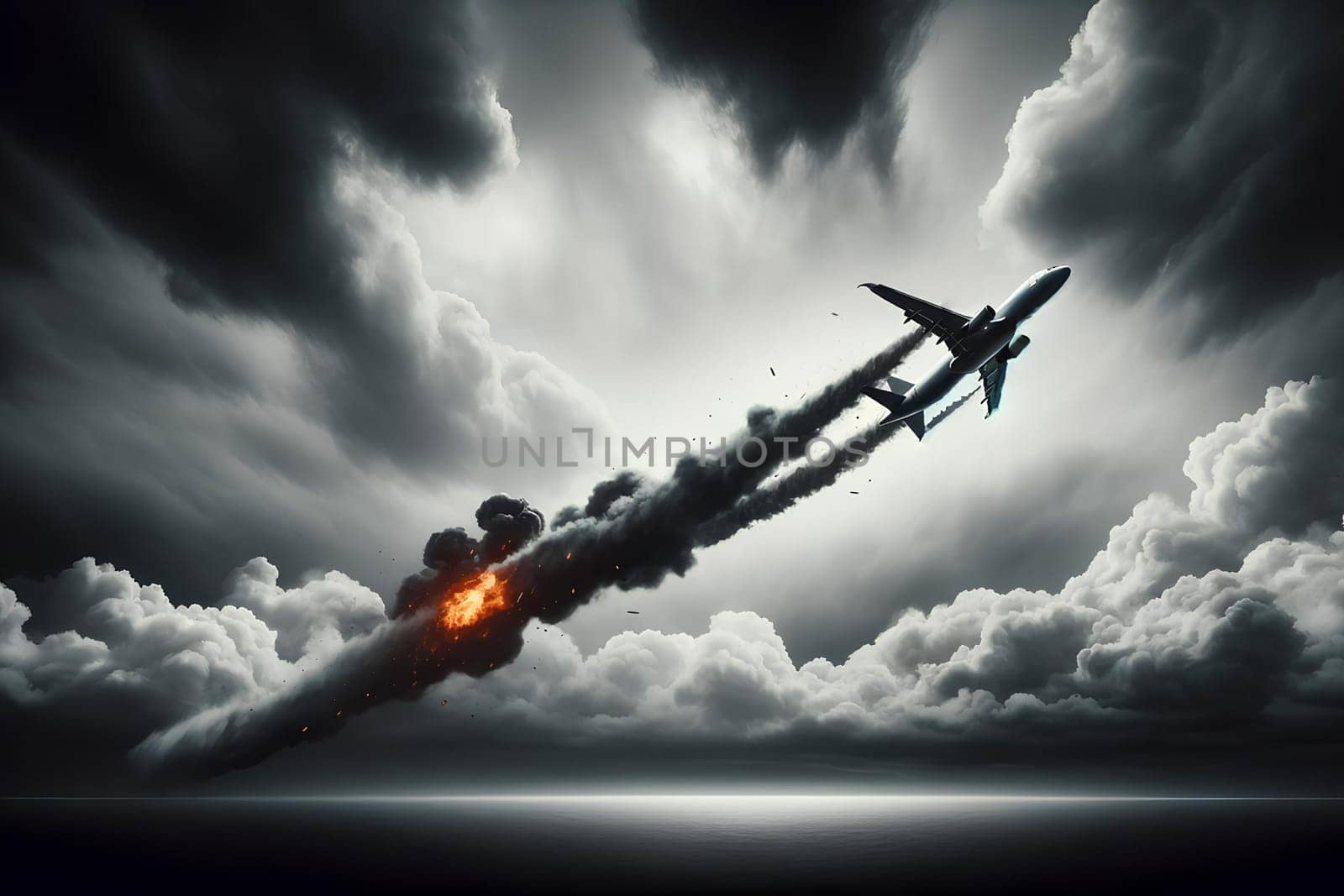plane crash, plane falling from the sky with thick black smoke from engines against dramatic sky.