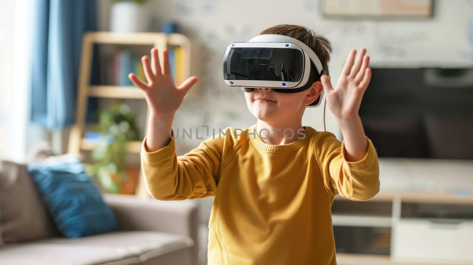 Photo of a young boy wearing futuristic VR goggles and gesturing in the room