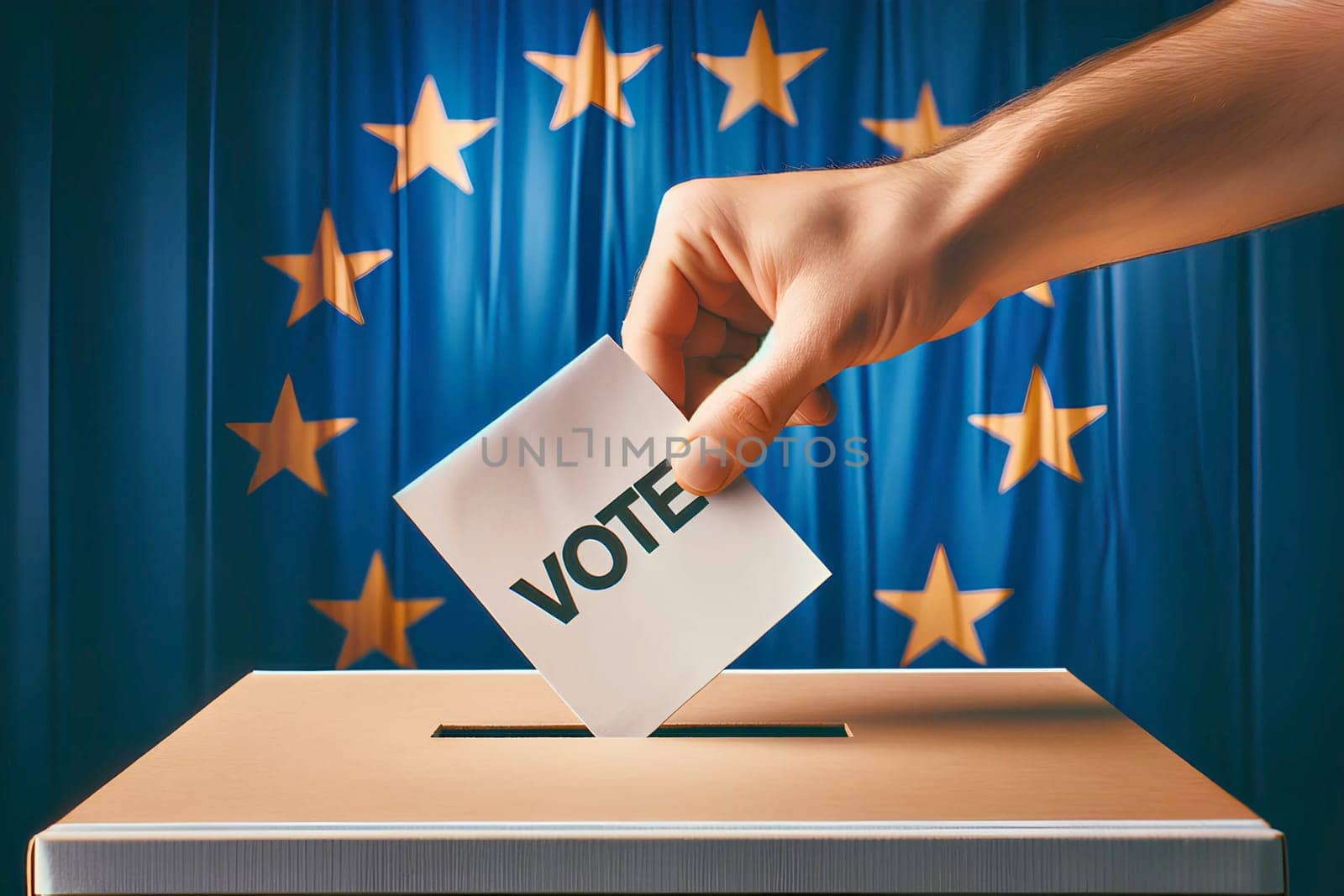 hand throwing a ballot into a ballot box against the background of the European Union flag, elections to the European Parliament