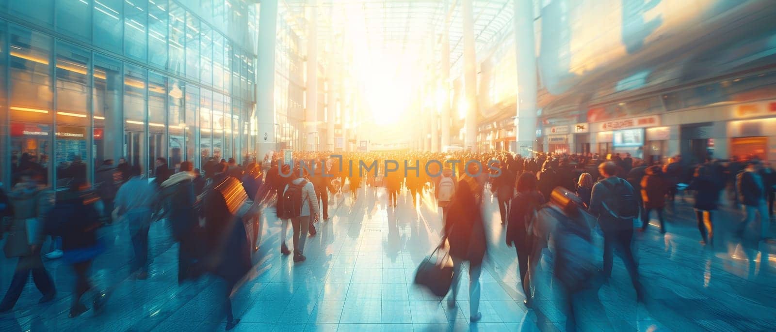 A busy airport with people walking around and carrying luggage by AI generated image.