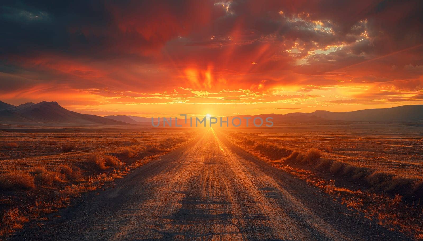 A road stretches across a desert landscape with a bright orange sun in the sky by AI generated image by wichayada