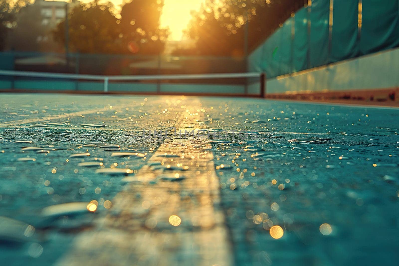 Close-up of a green tennis court or sports stadium surface at sunset.