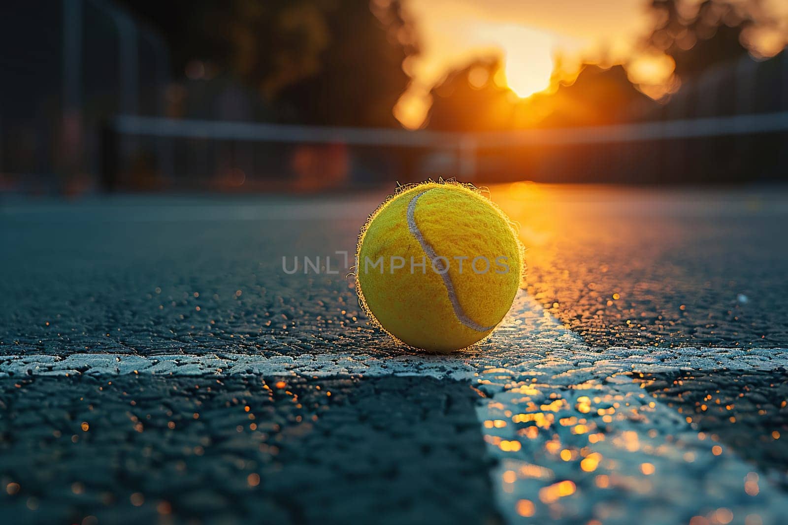 Close-up of a tennis ball on a tennis court at sunset.