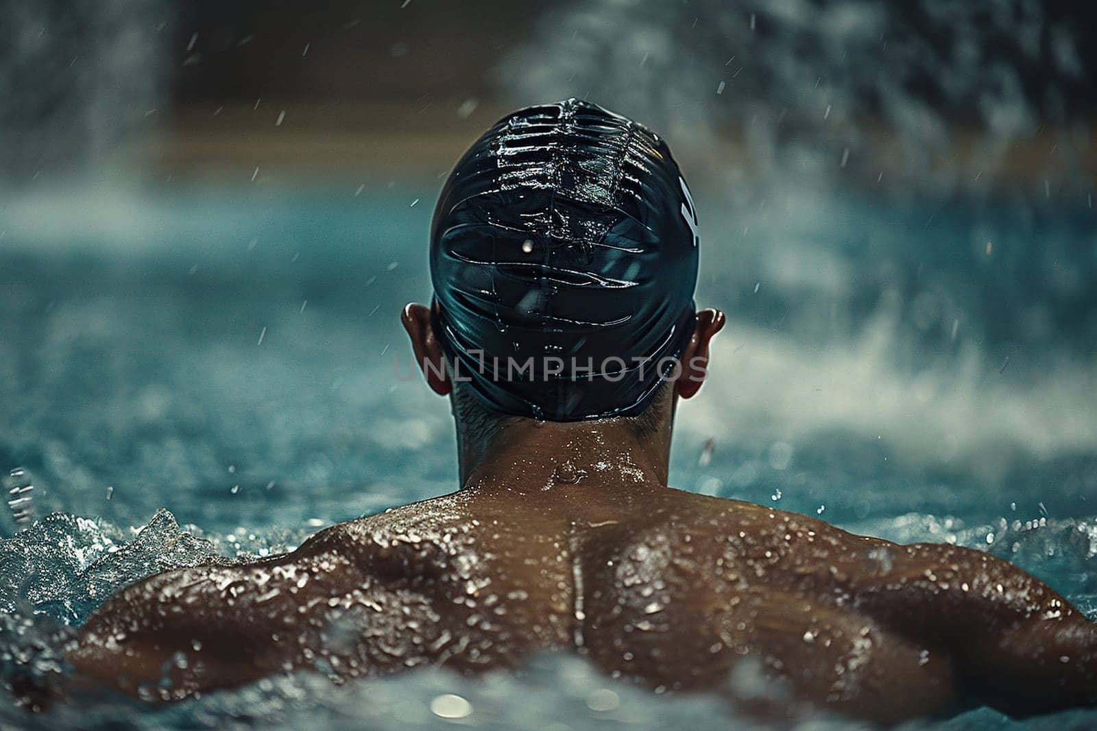 Back view of professional swimmer in pool cap training in the pool