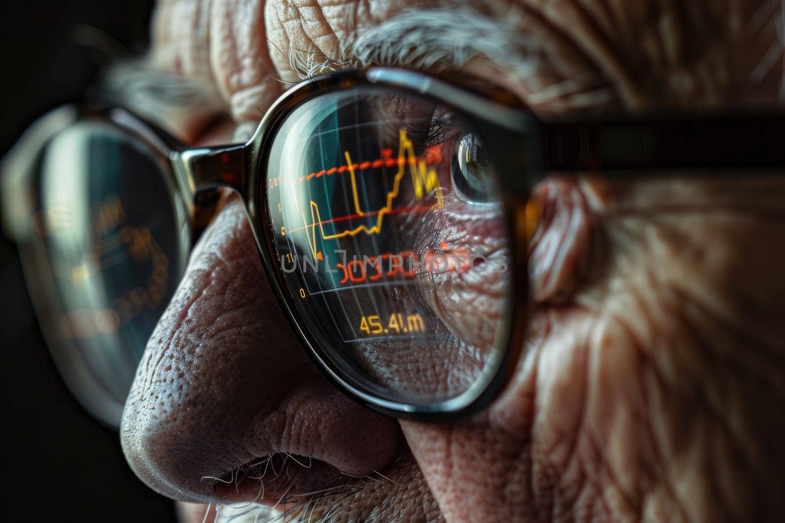 Senior man face, with a reflection of graphs and numbers in their glasses, symbolizing inventory management
