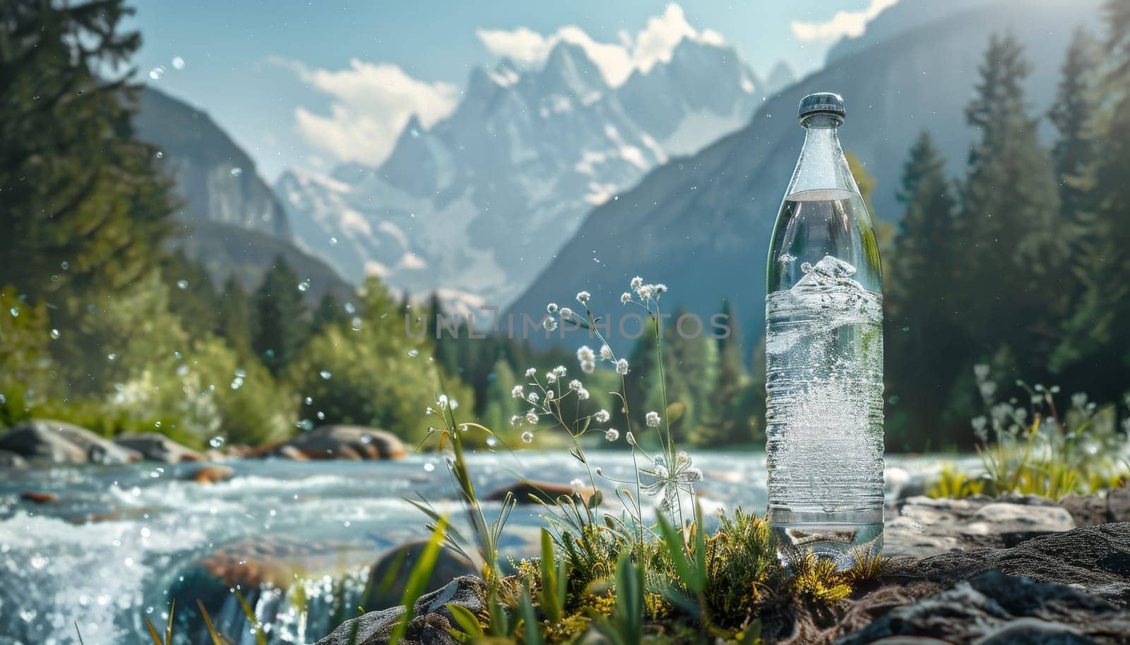 A bottle of water is floating in a river next to a mountain range by AI generated image.