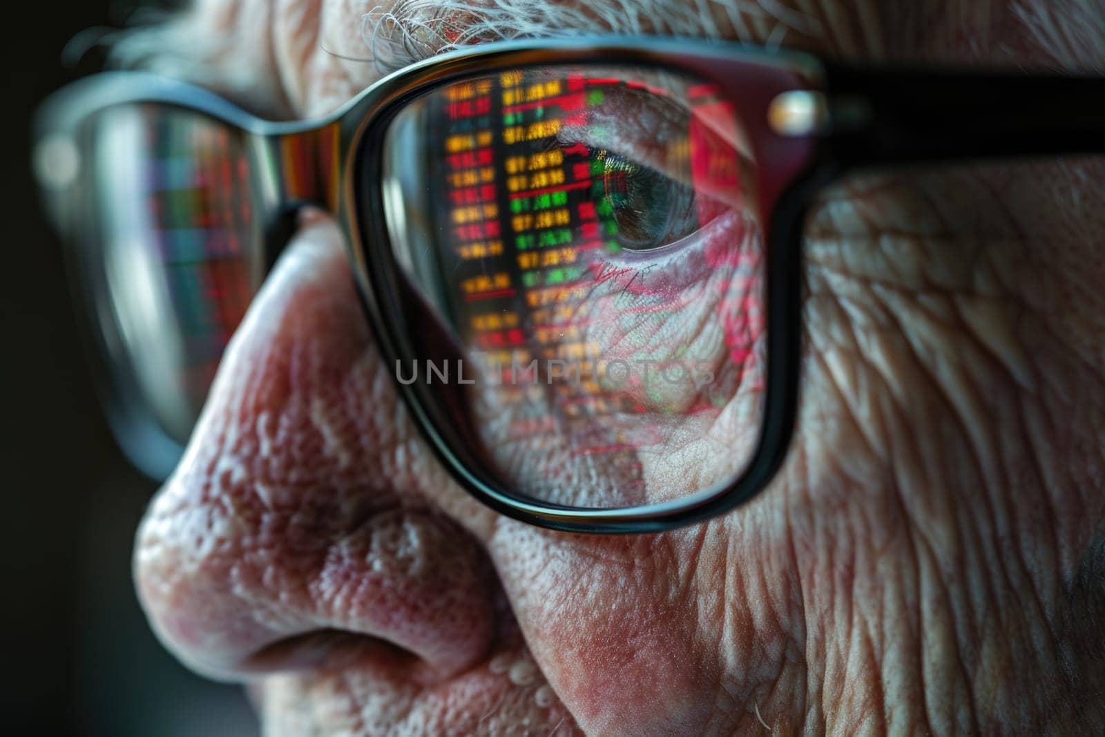 Senior man face, with a reflection of graphs and numbers in their glasses, symbolizing inventory management