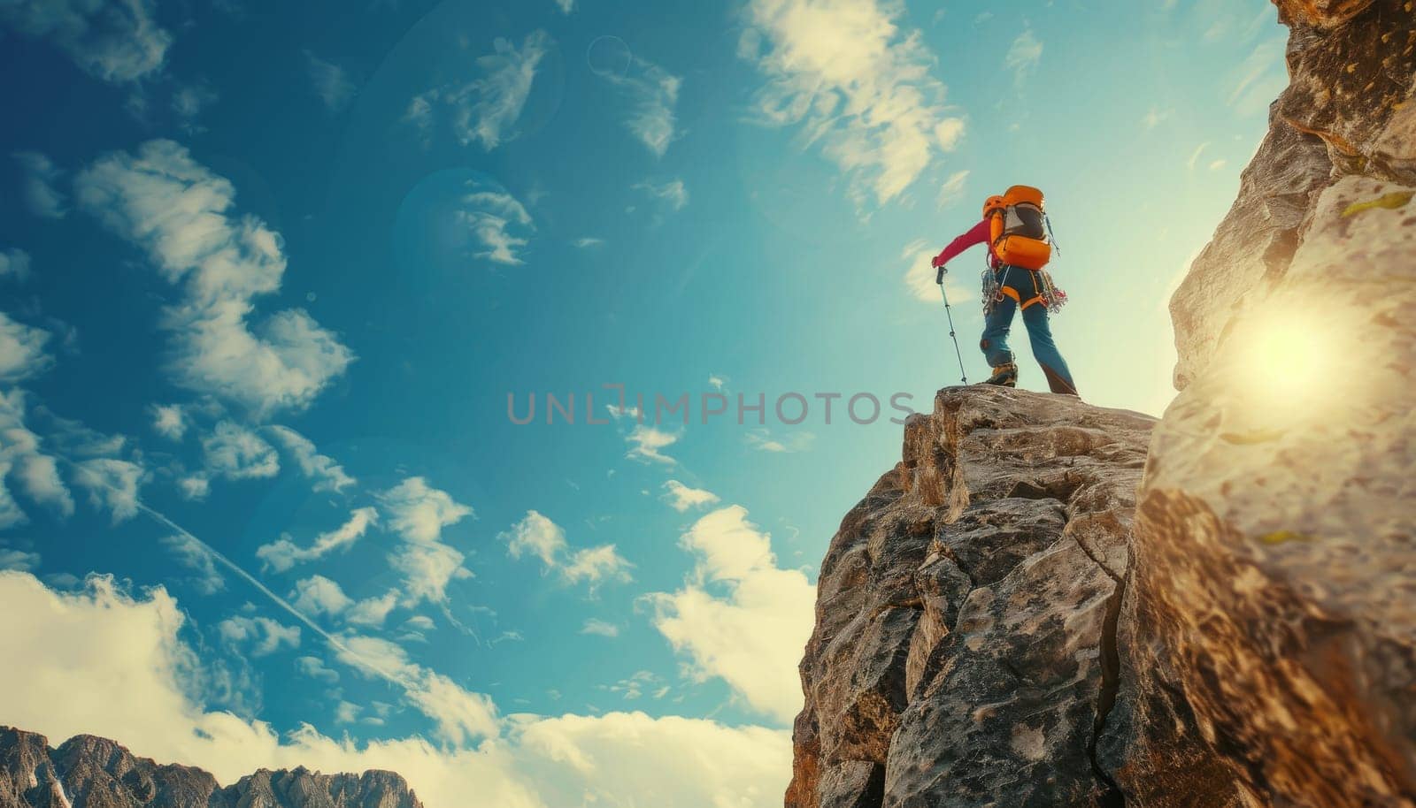 A person is standing on a mountain top, looking out at the beautiful landscape by AI generated image by wichayada