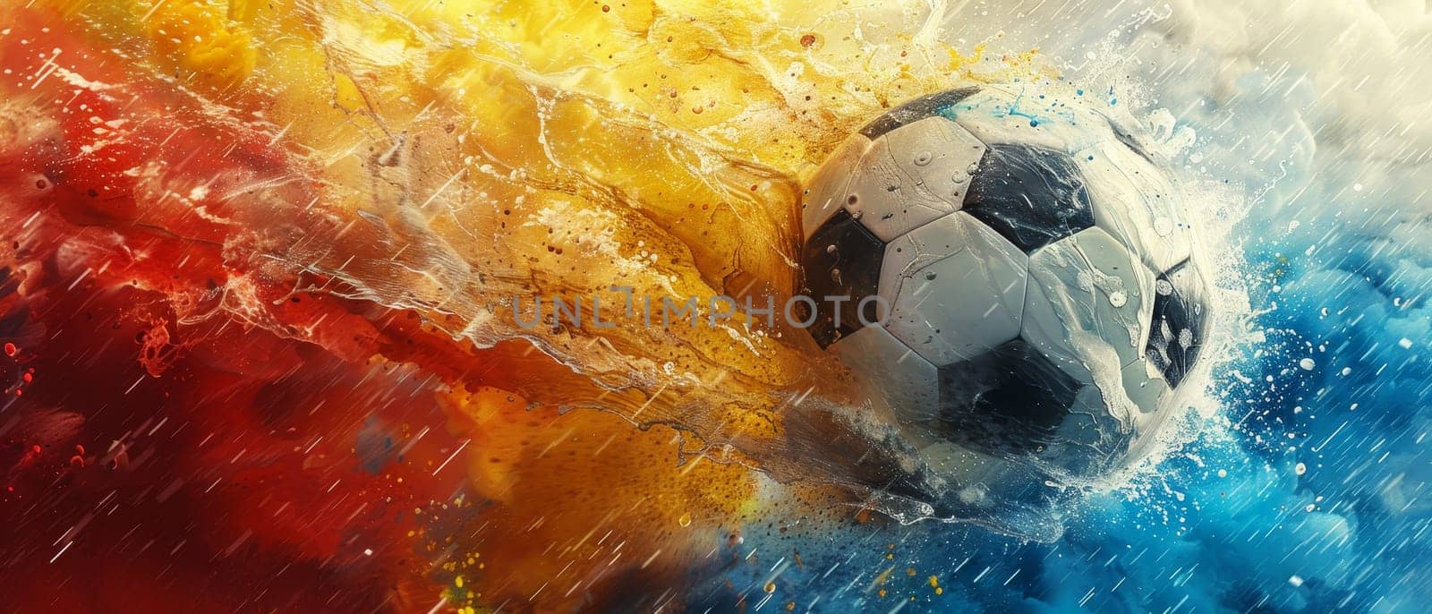 A soccer ball is in the middle of a splash of paint, with a splash of red, blue by AI generated image.