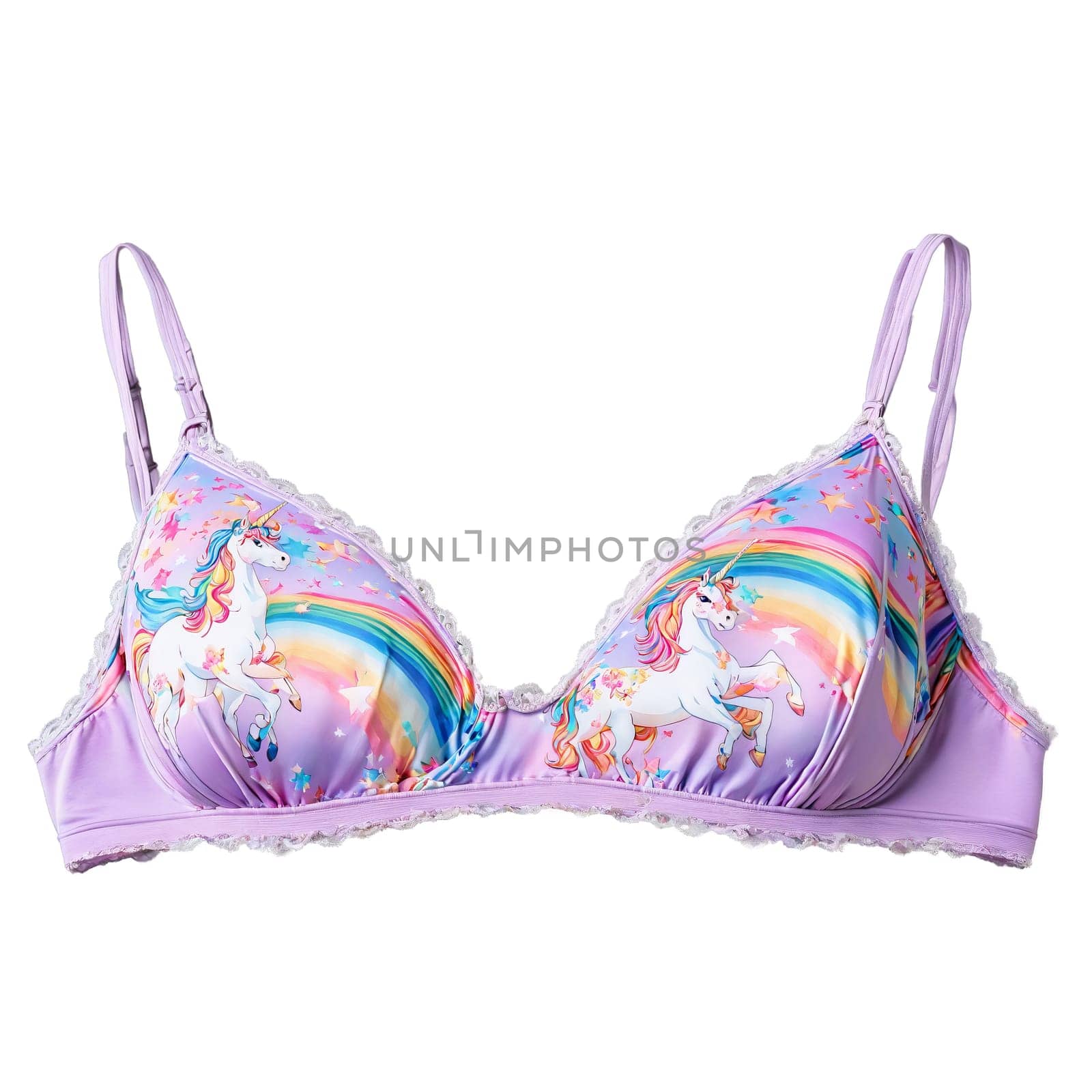 Whimsical unicorn print bralette prancing playfully pastel rainbow hues magical fancy by panophotograph