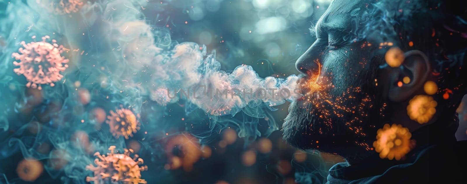 A man is smoking a cigarette while surrounded by smoke and fire by AI generated image.