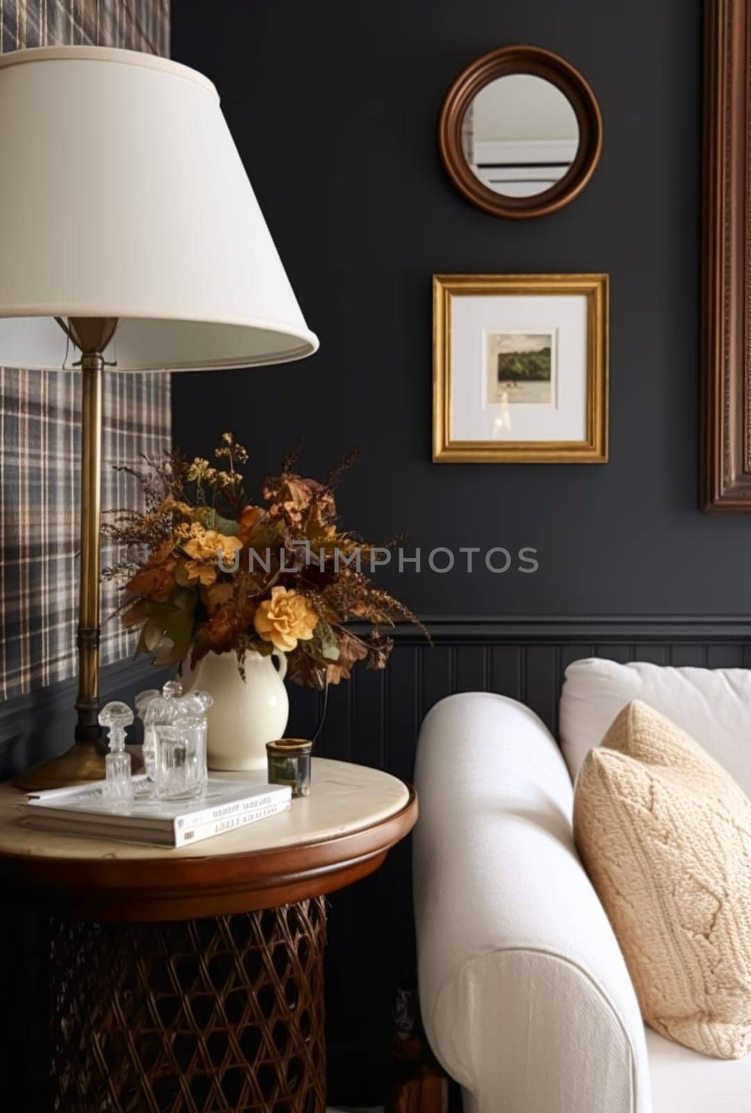 Autumnal home decor and interior design, furniture and interior decoration accessories, soft furnishings, upholstery and textiles in English country house and elegant cottage style, generative ai by Anneleven