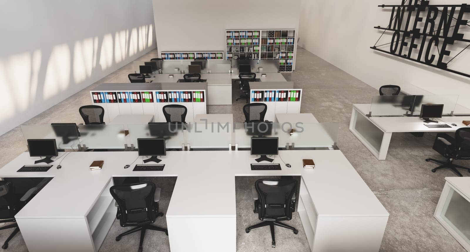 A modern office . The property features stylish interior design, architecture, flooring, cabinetry, and comfortable chairs in the living room. 3d render