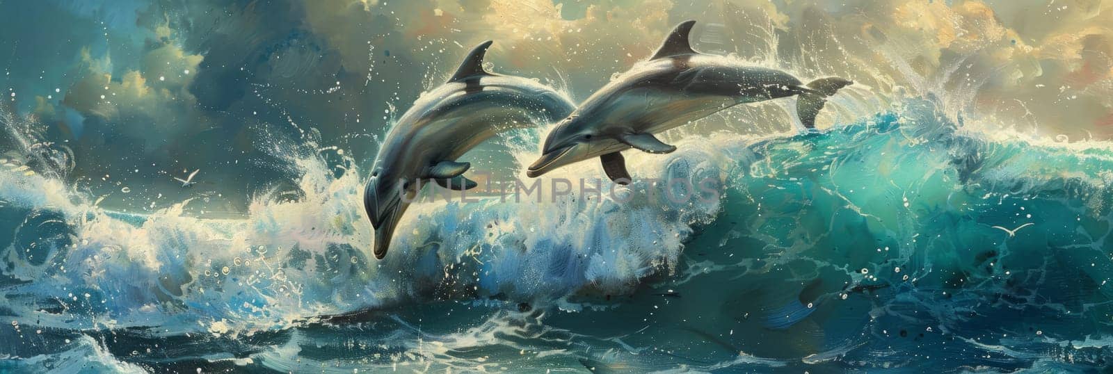 Two dolphins are jumping out of the water in a wave by AI generated image.
