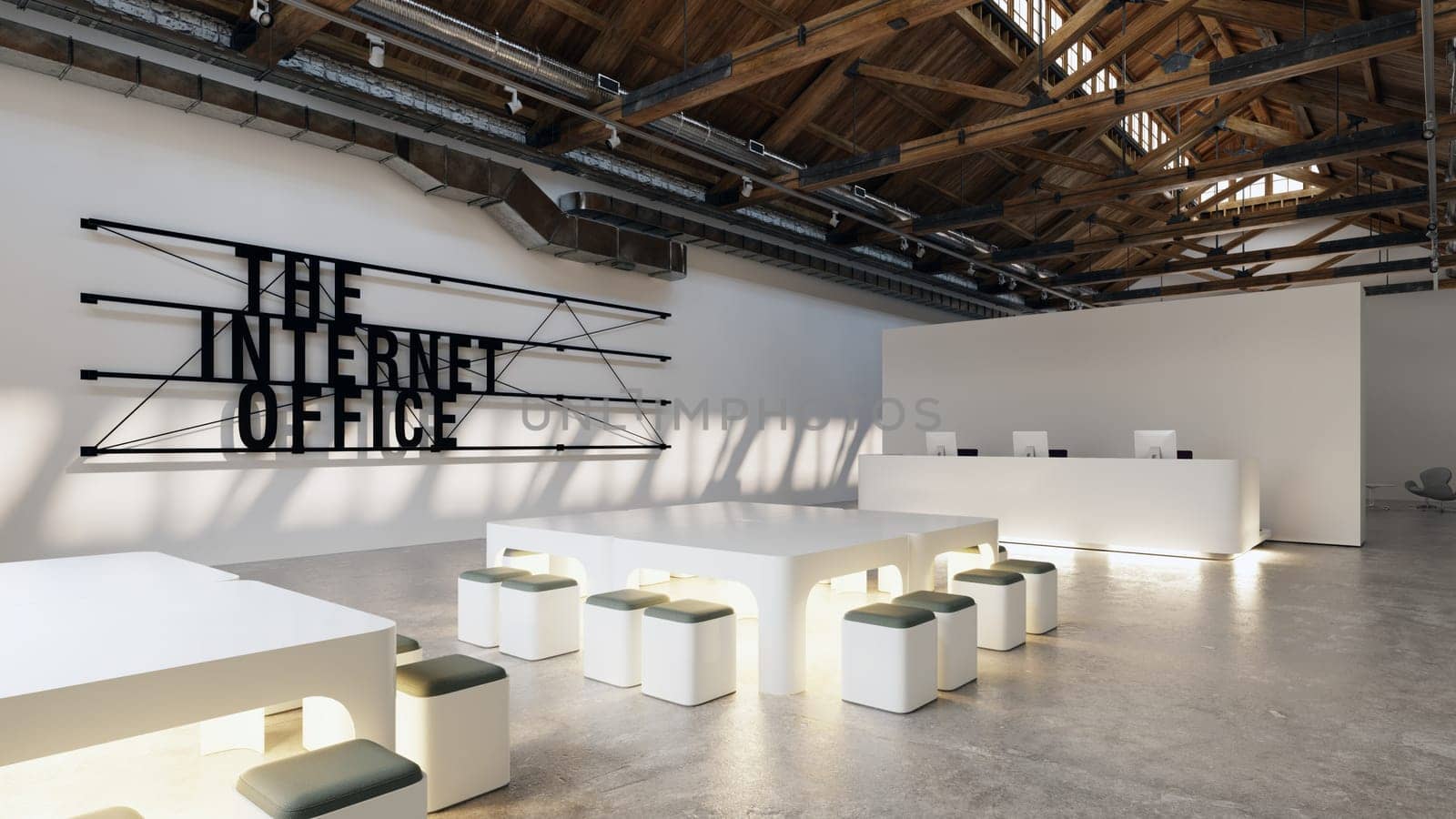 A spacious area designated as the internet office, featuring elements of wood, interior design, architecture, flooring, art, and urban design. 3d render