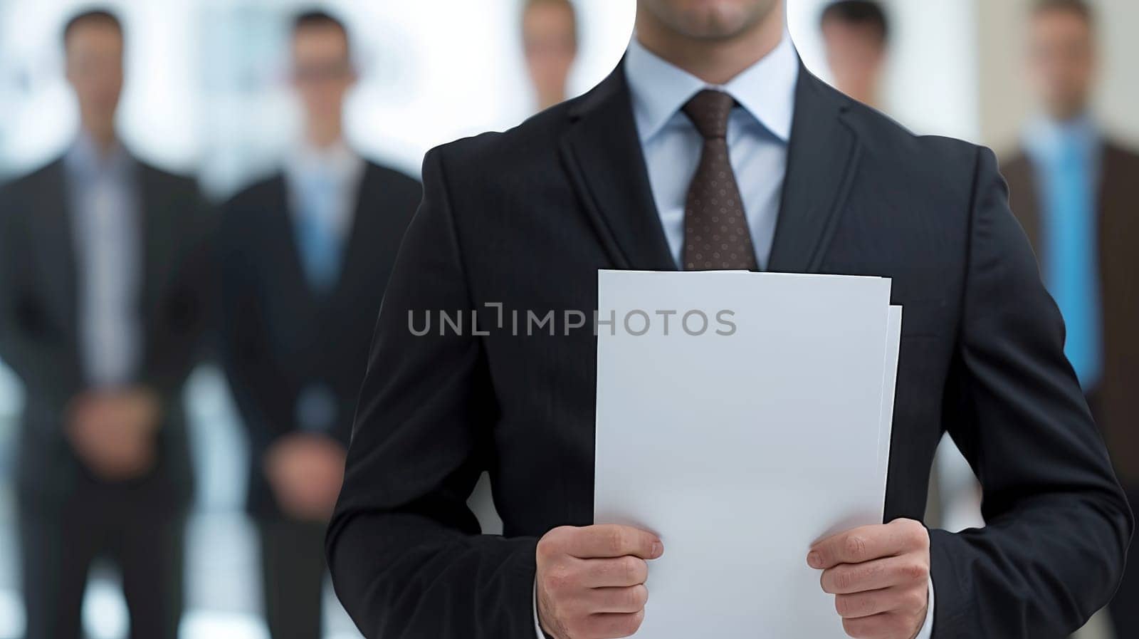 Close up of a businessman waiting for job interview holding a white papers.