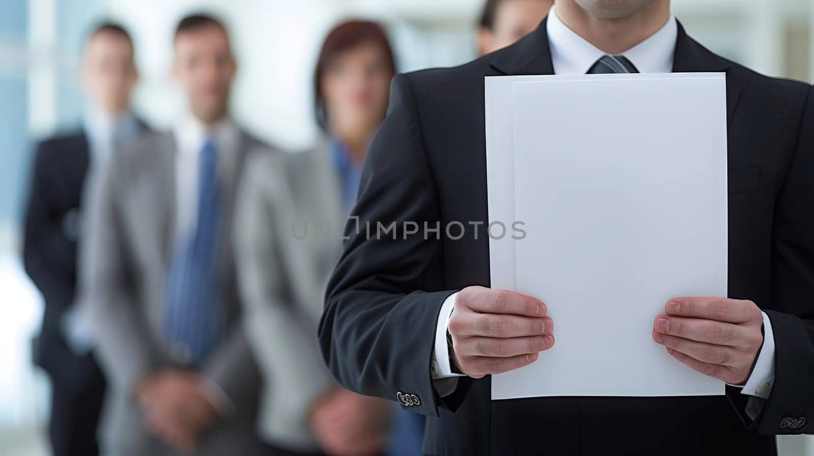 Close up of a businessman waiting for job interview holding a white papers.