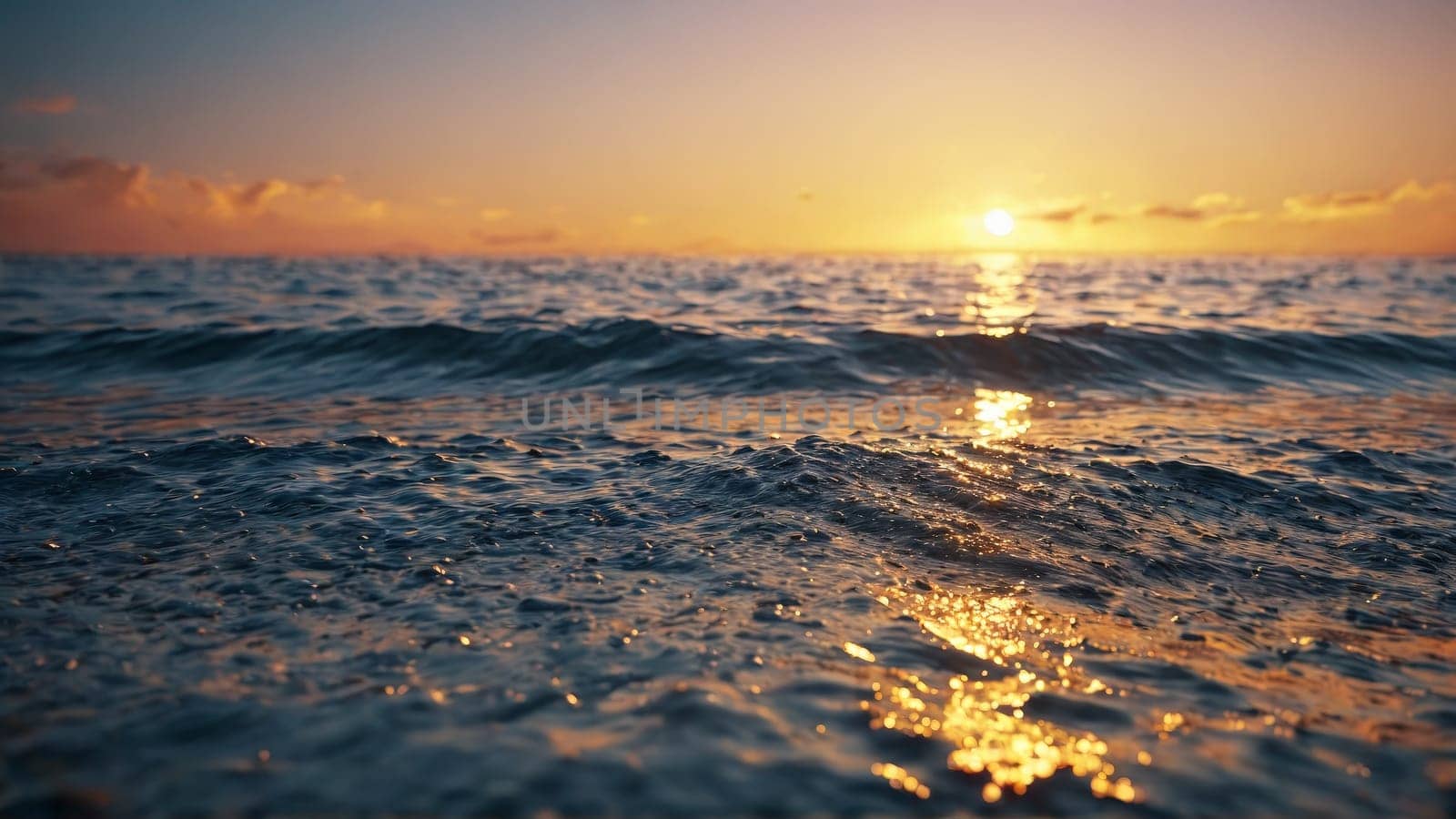 Shimmering path of water drops across tranquil sea at sunset guiding light symbolic journey profound by panophotograph