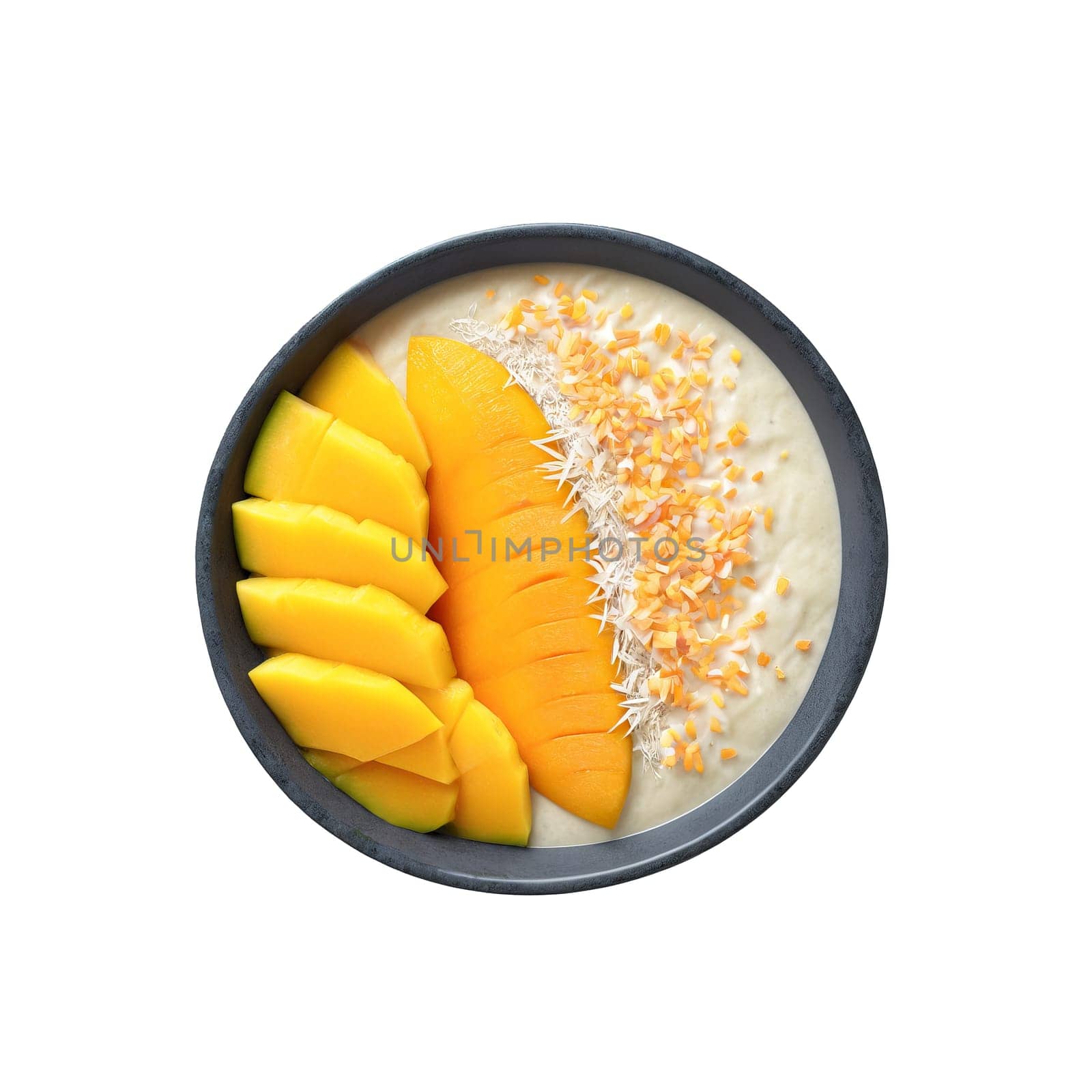 Breakfast smoothie bowl with a thick blend of frozen mango pineapple and coconut milk topped by panophotograph