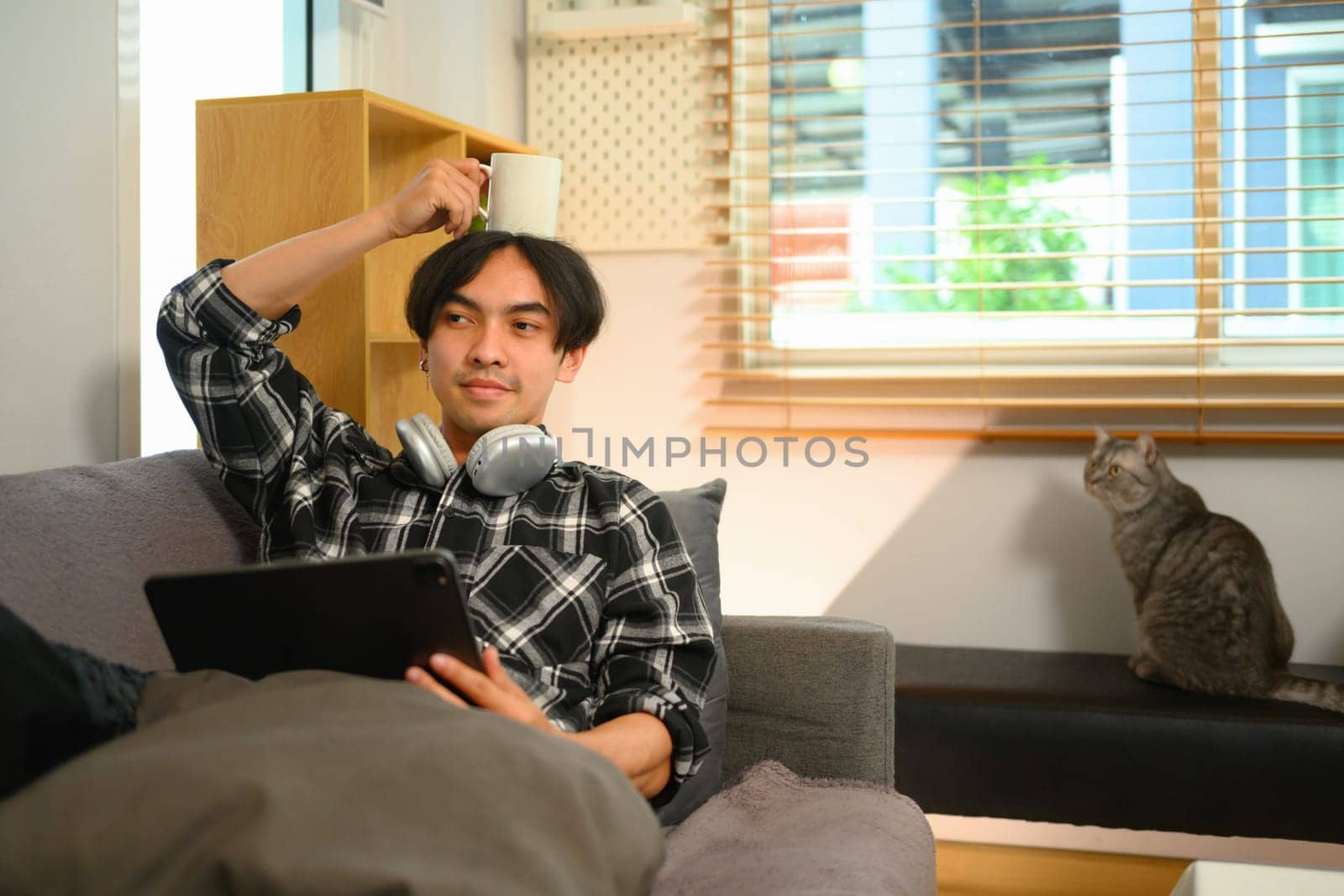 Young man using digital tablet on couch near gray tabby cat in living room by prathanchorruangsak