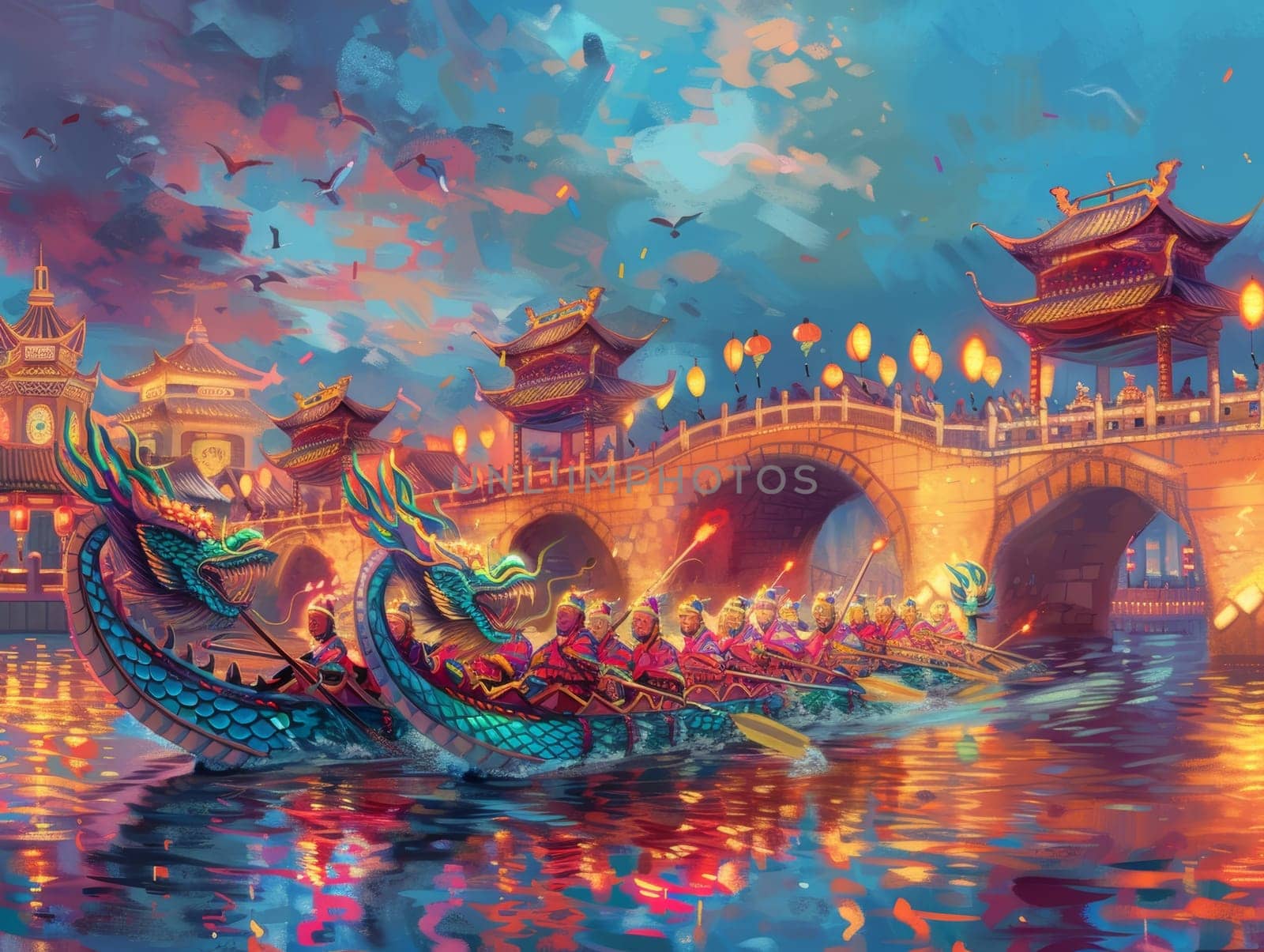 A vivid illustration of dragon boats engaging in a spirited race under a festively lit bridge, capturing the dynamic energy of a traditional Asian festival at dusk. by sfinks