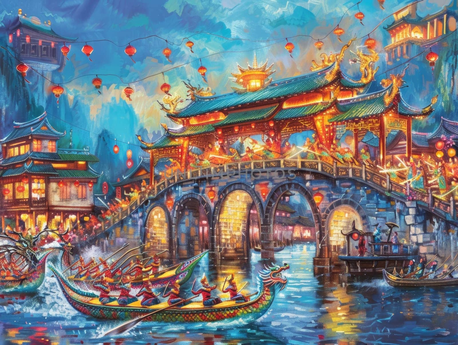 An enchanting evening view of a traditional bridge with vibrant red lanterns and dragon boats racing on a river, reflecting the festivity of an Asian celebration