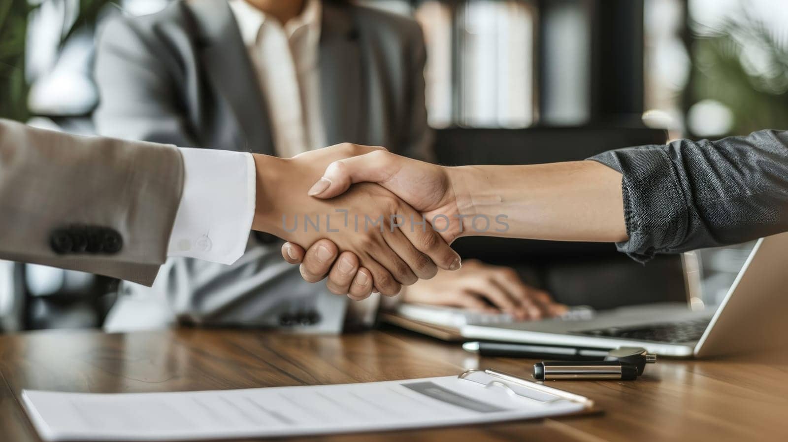 Man employer is shaking hands to congratulate the new employee after successful job interview and signing the contract by nijieimu