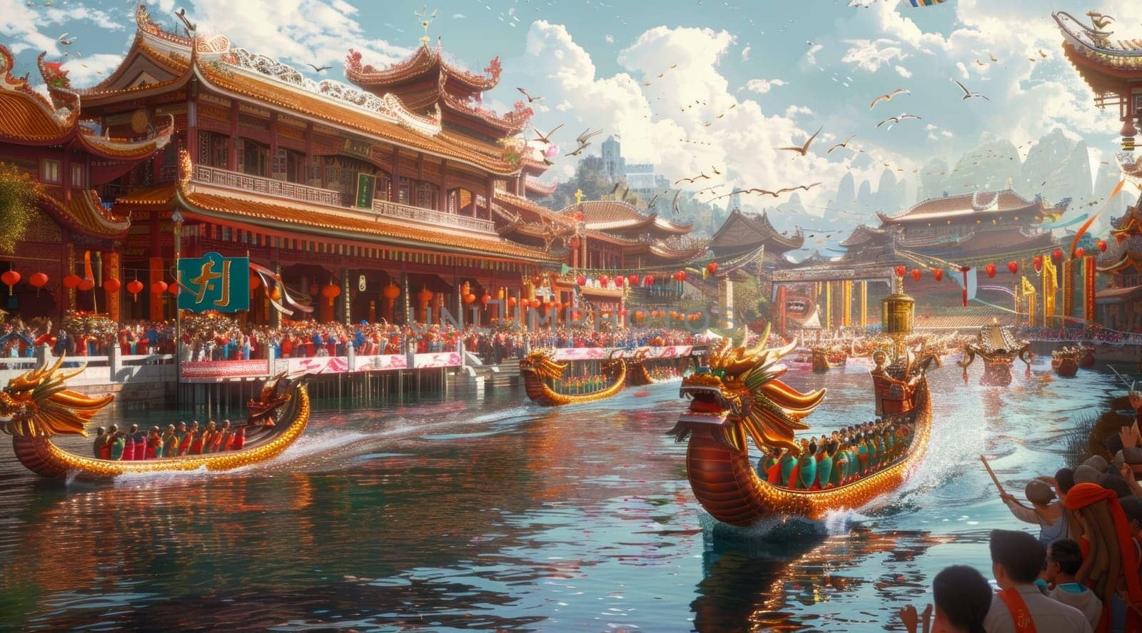 A bustling Dragon Boat Festival with ornate dragon boats racing on a river, flanked by historic architecture and cheering crowds