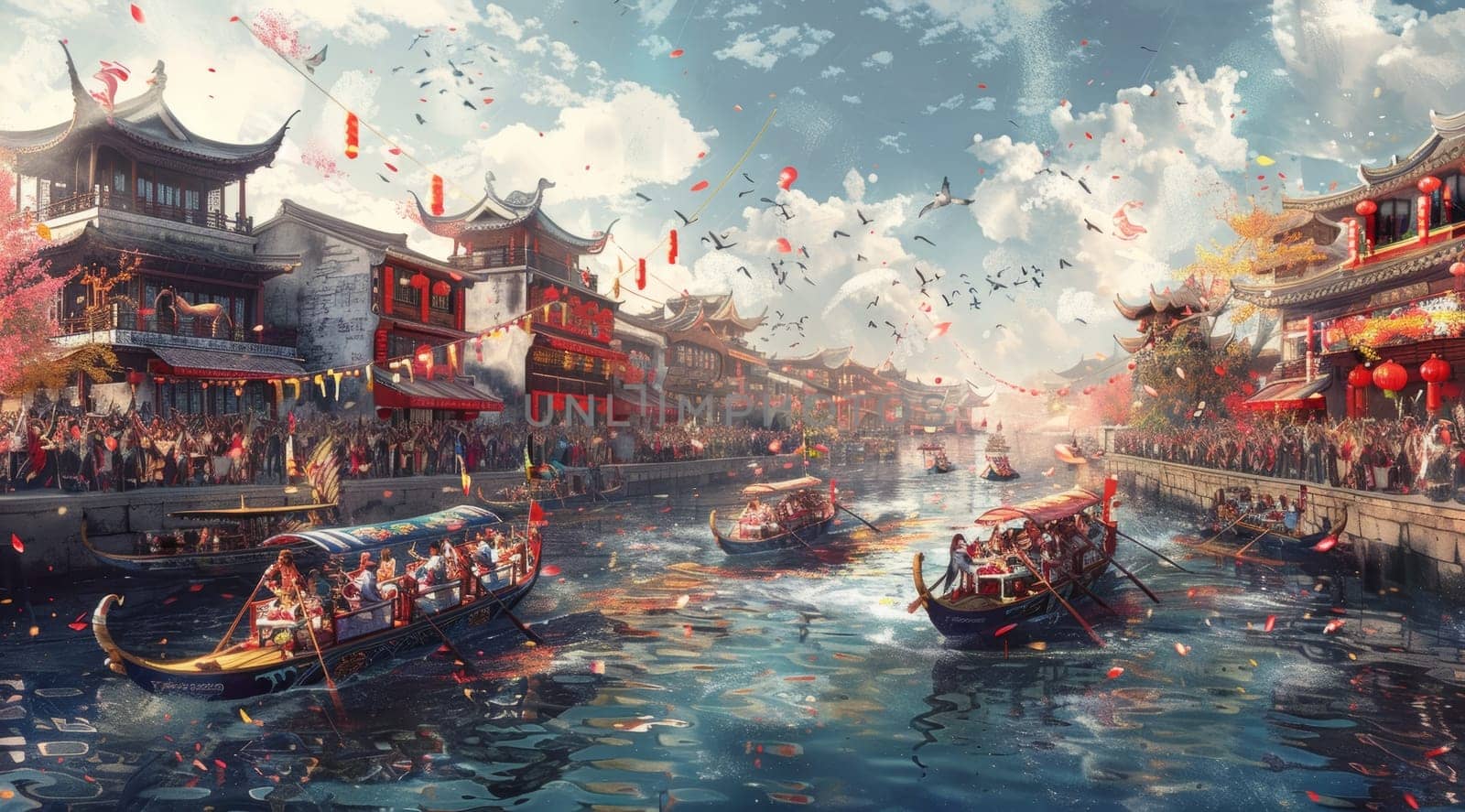 A procession of dragon boats festively makes its way under bridges adorned with red lanterns, amidst a backdrop of grand traditional architecture