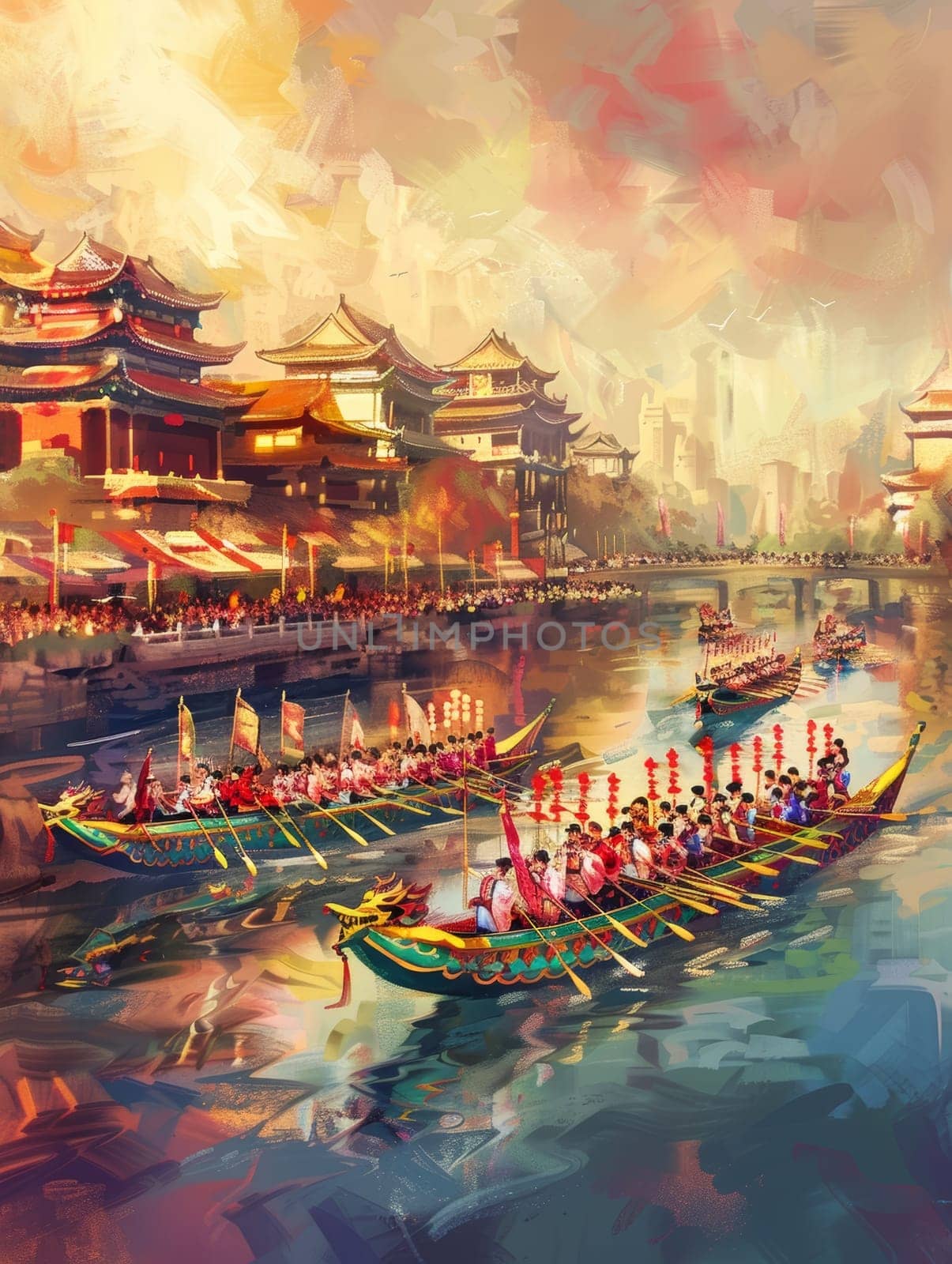 Ethereal light bathes dragon boats and traditional pagodas during a festival, highlighting a harmonious blend of culture and spirited festivity